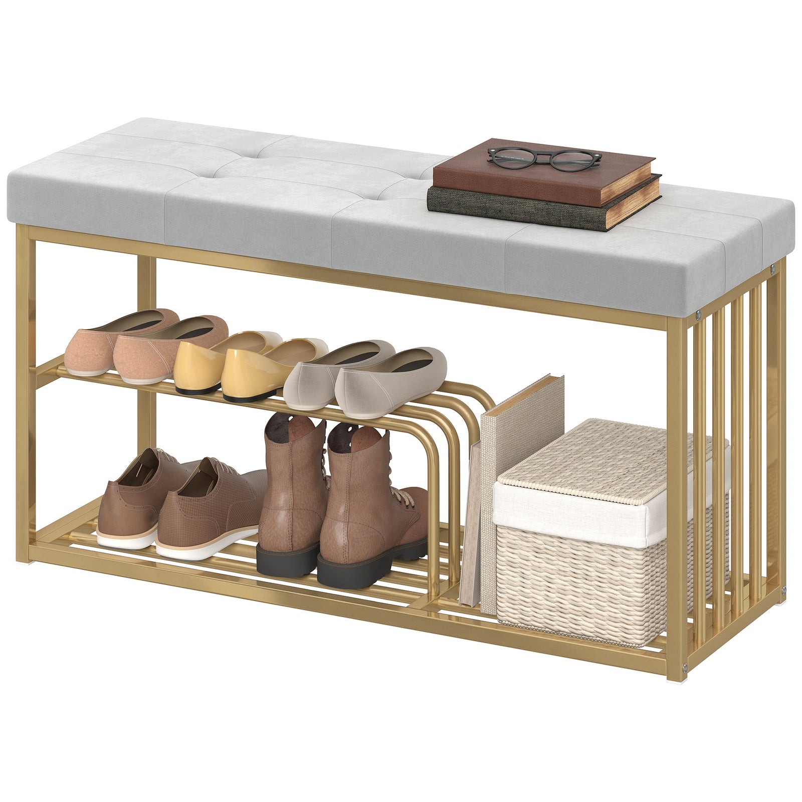 Shoe Storage Bench With Seat Cushion Tufted Shoe Rack Bench | Grey