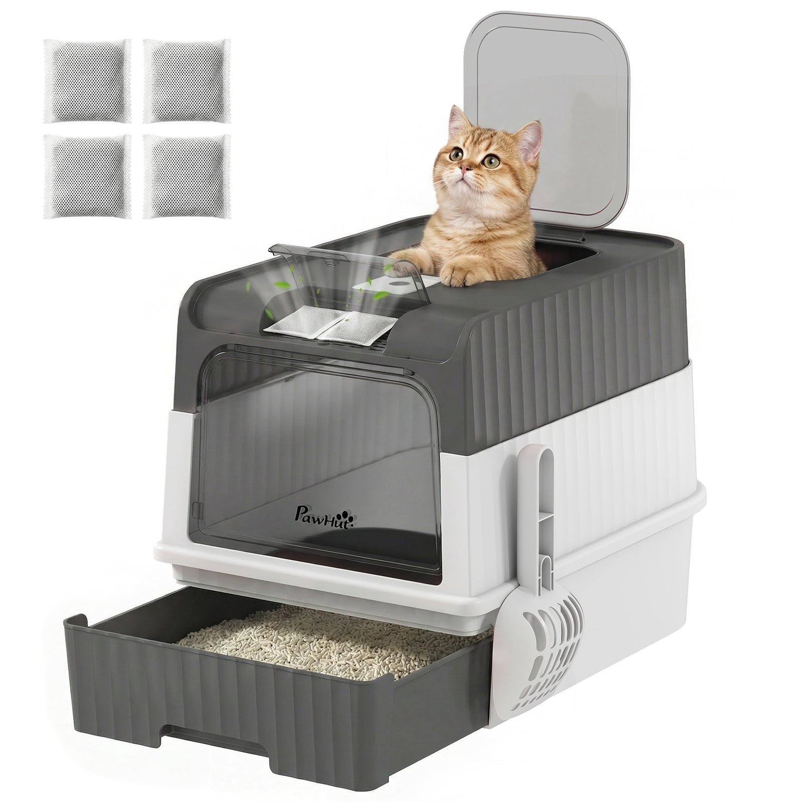 Cat Litter Box, Enclosed Cat Litter Box W/ Lid, Pull-out Drawer Tray | Grey