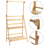 3-tier Foldable Wooden Ladder Shelf With Hanging Rod | Natural