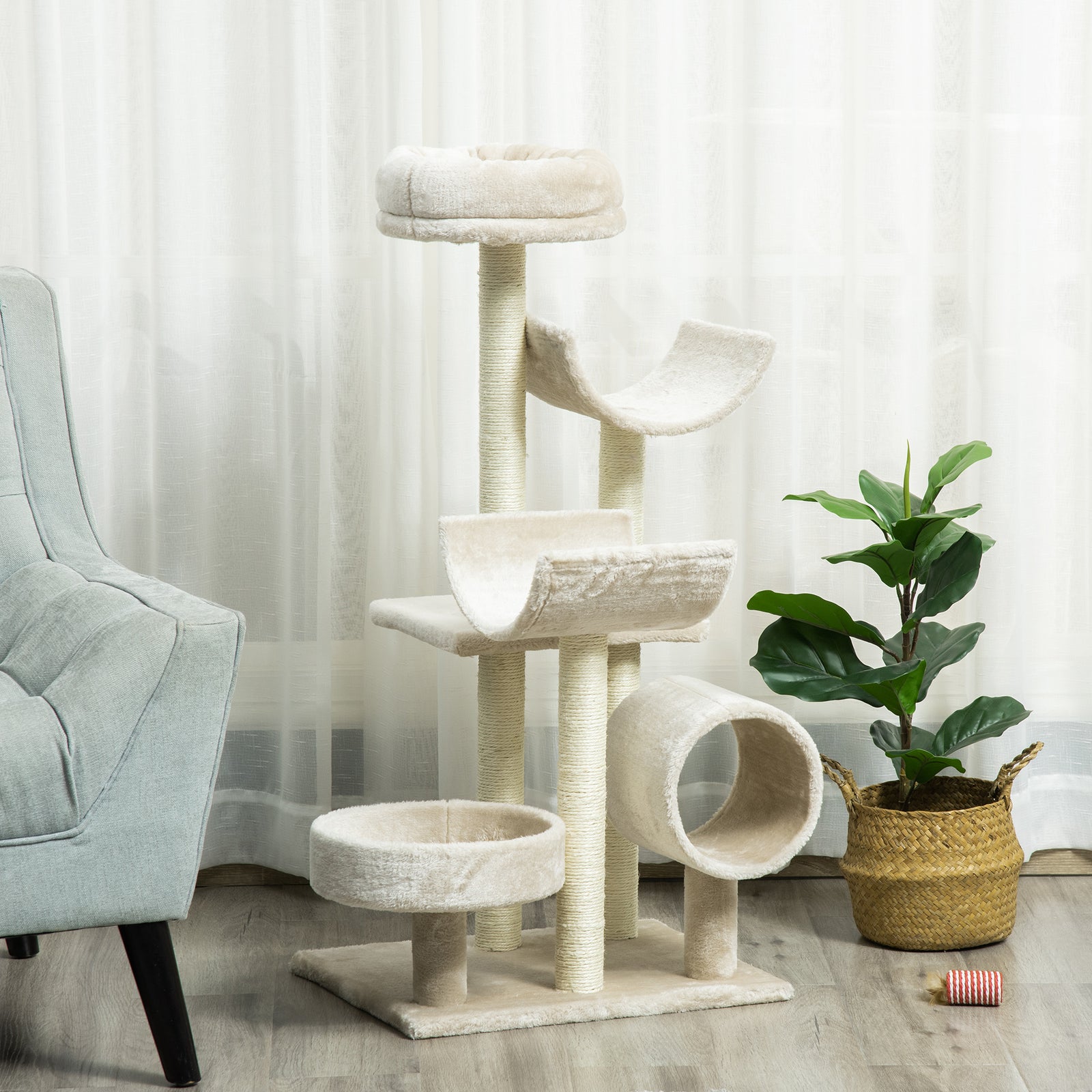 Cat Tree For Indoor Cats With Scratching Post Perch Tunnel Beige
