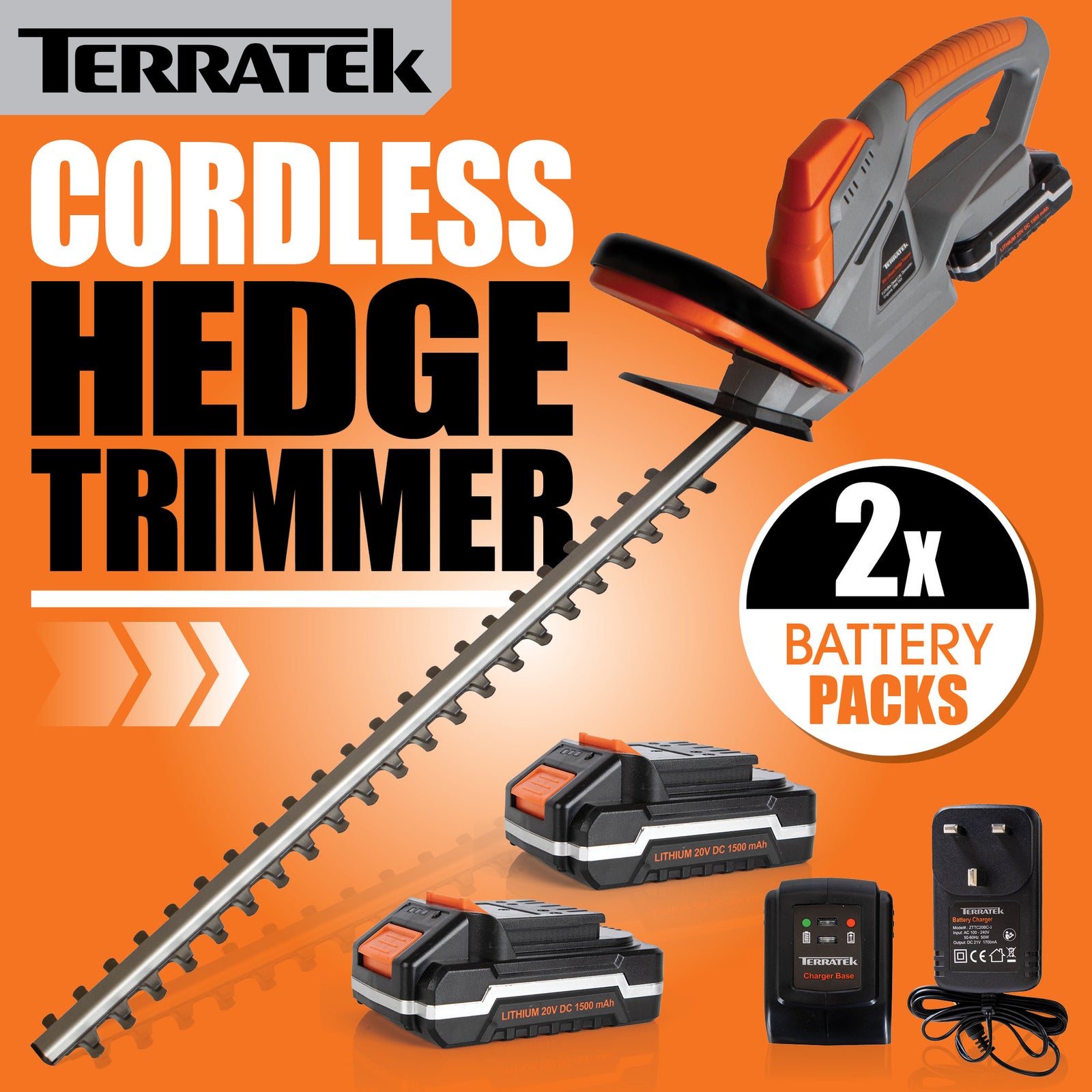 20v Cordless Hedge Trimmer Lightweight Handheld Garden Electric Hedge Li Ion 1hr Fast Charge Battery And Charger Included | 2 Batteries + 1 Charger | Grey