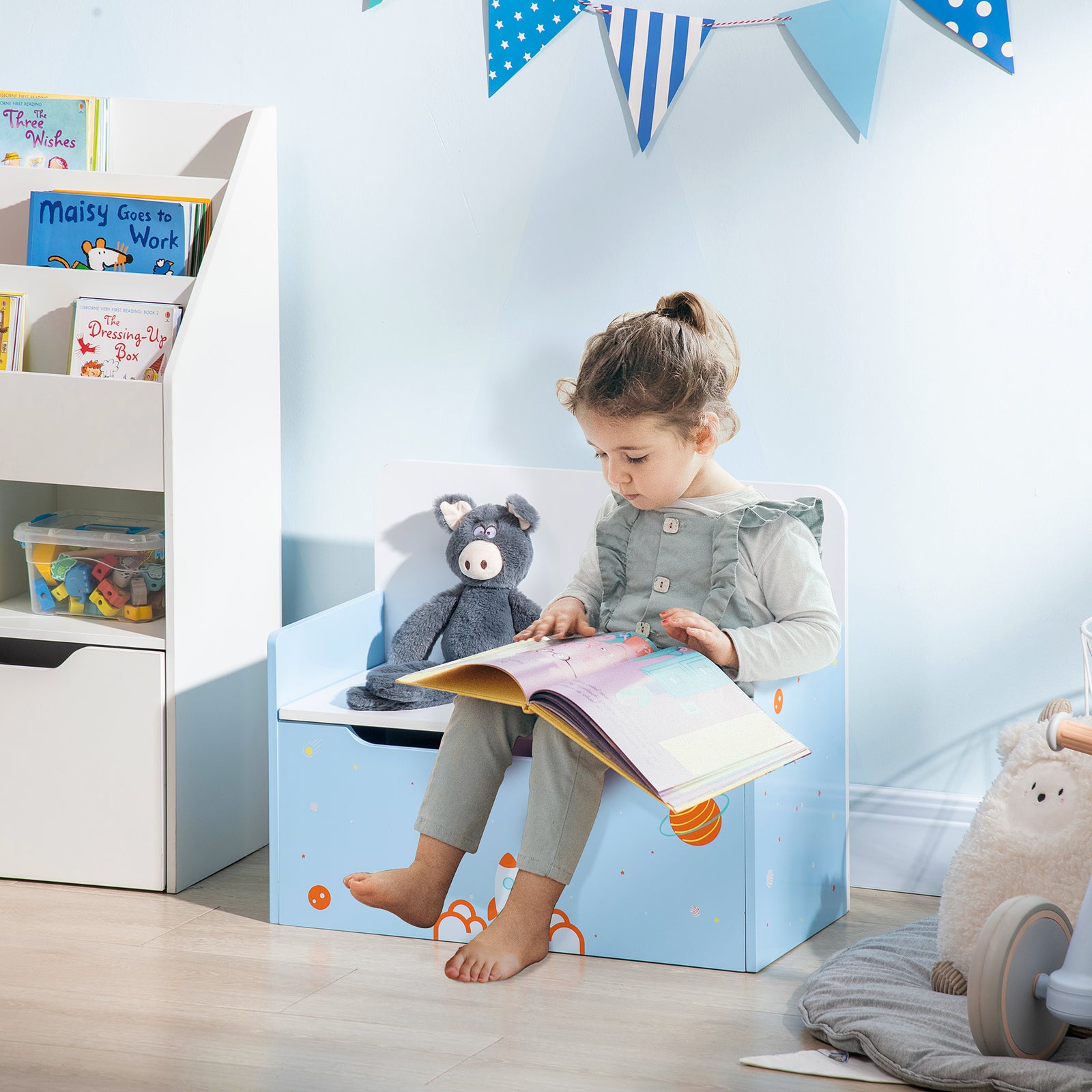 2 In 1 Wooden Kids Storage Bench, Toy Box W/ Safety Rod - Blue