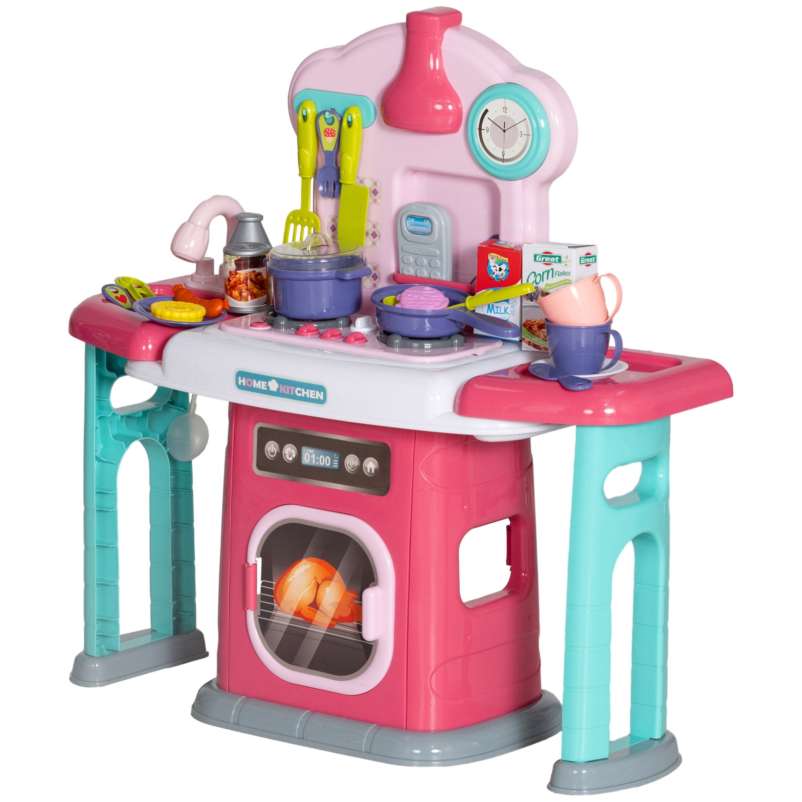 45 Pieces Kids Kitchen W/ Rotating Tables, Light, Sound, Spray