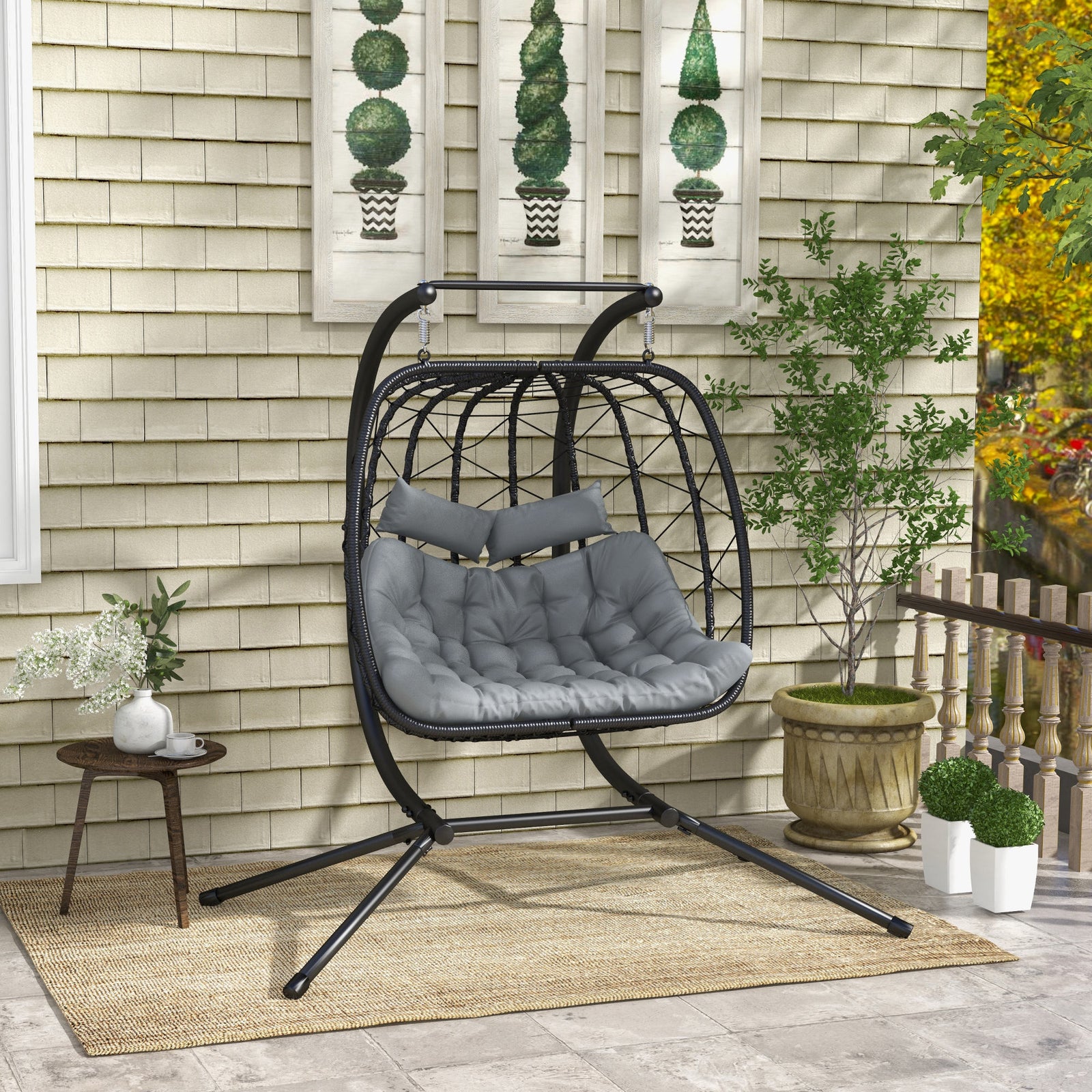 Pe Rattan Hanging Egg Chair With Metal Stand, Headrest