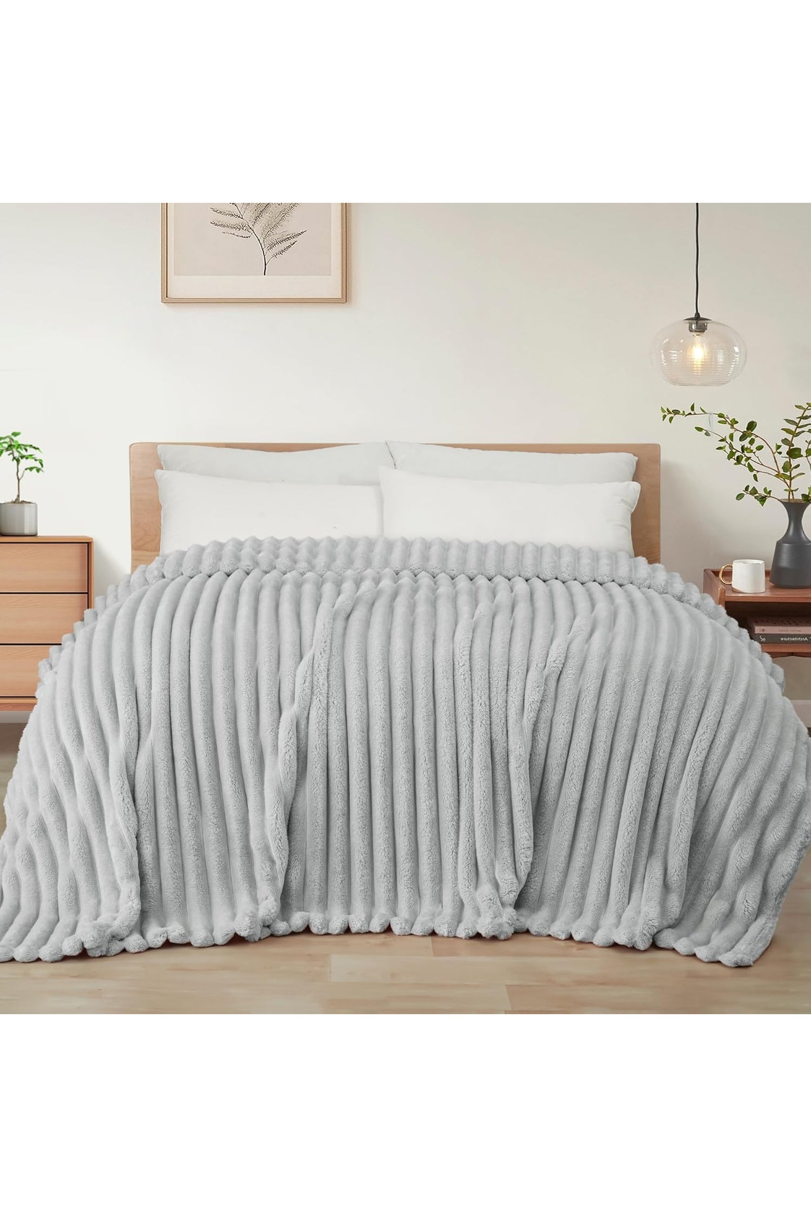 Ribbed Jacquard Fleece Blanket Throw Soft Warm Bed & Sofa Cover | 200cm x 240cm | Light Grey