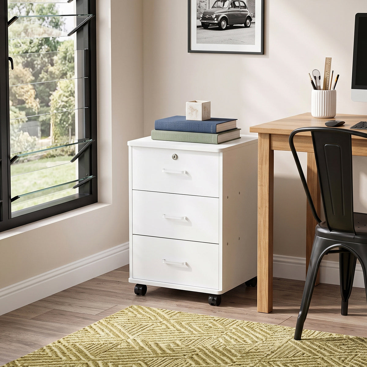 Breeins White Lockable 3-drawer Filing Cabinet With Casters