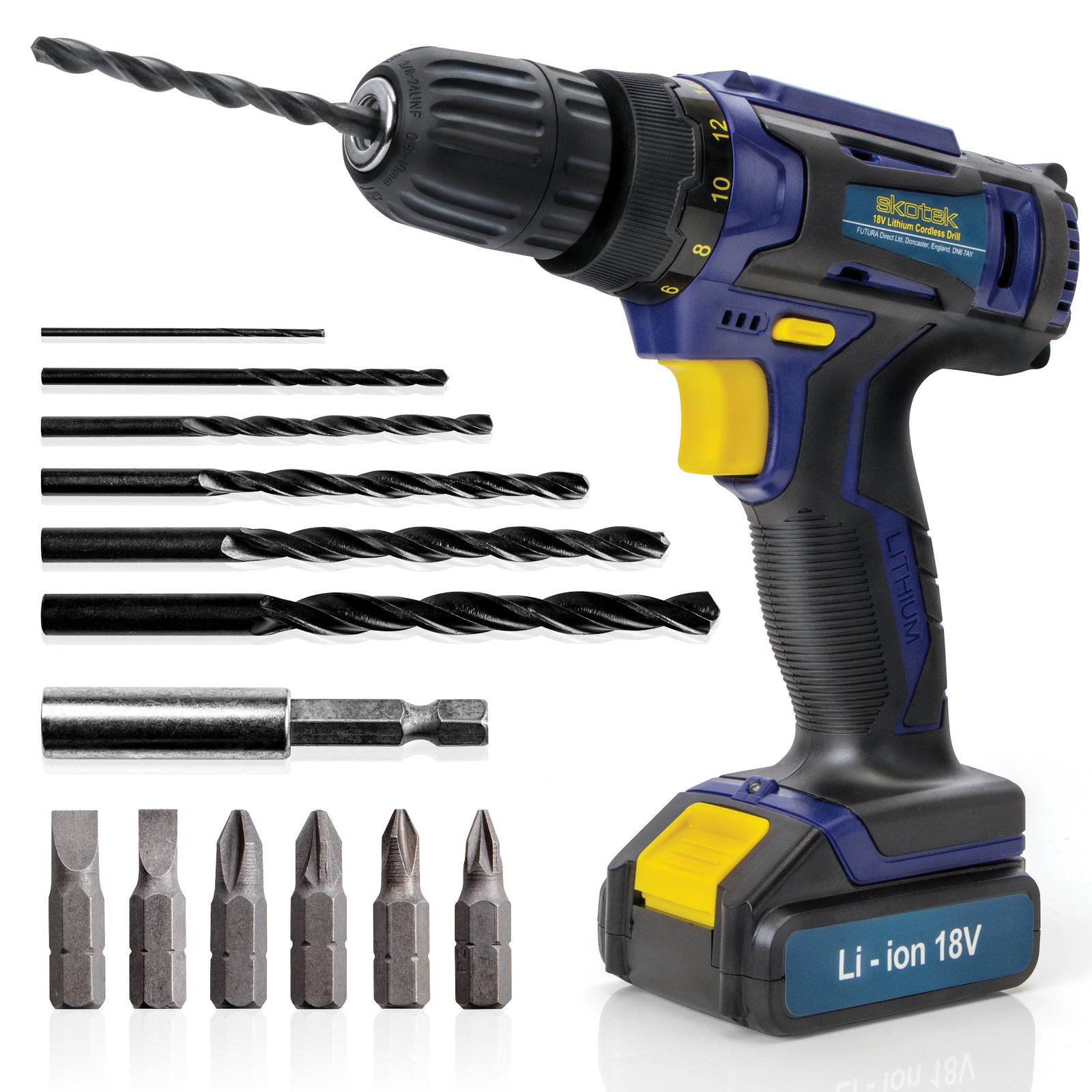 18v Cordless Drill Driver And Screwdriver Set & Drill Bit Kit Li-ion Battery Included, Lightweight Power Battery Drill | 13 Piece Kit – 1x 18v Battery + Charger | Blue