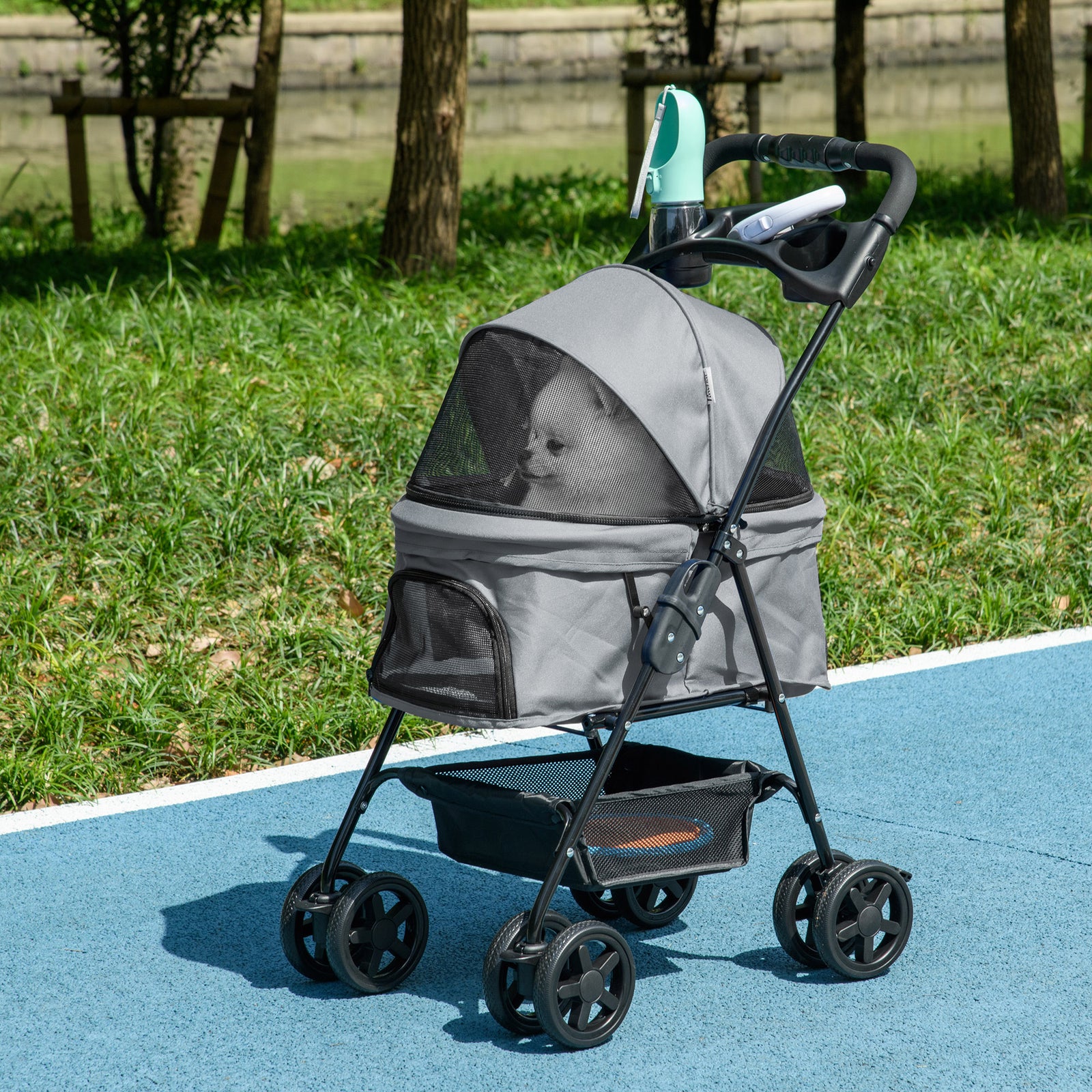 Pet Stroller Foldable Travel Carriage With Brake Basket Canopy | Gray