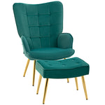 Button Tufted Armchair With Footstool Gold Tone Steel Legs | One Size | Green