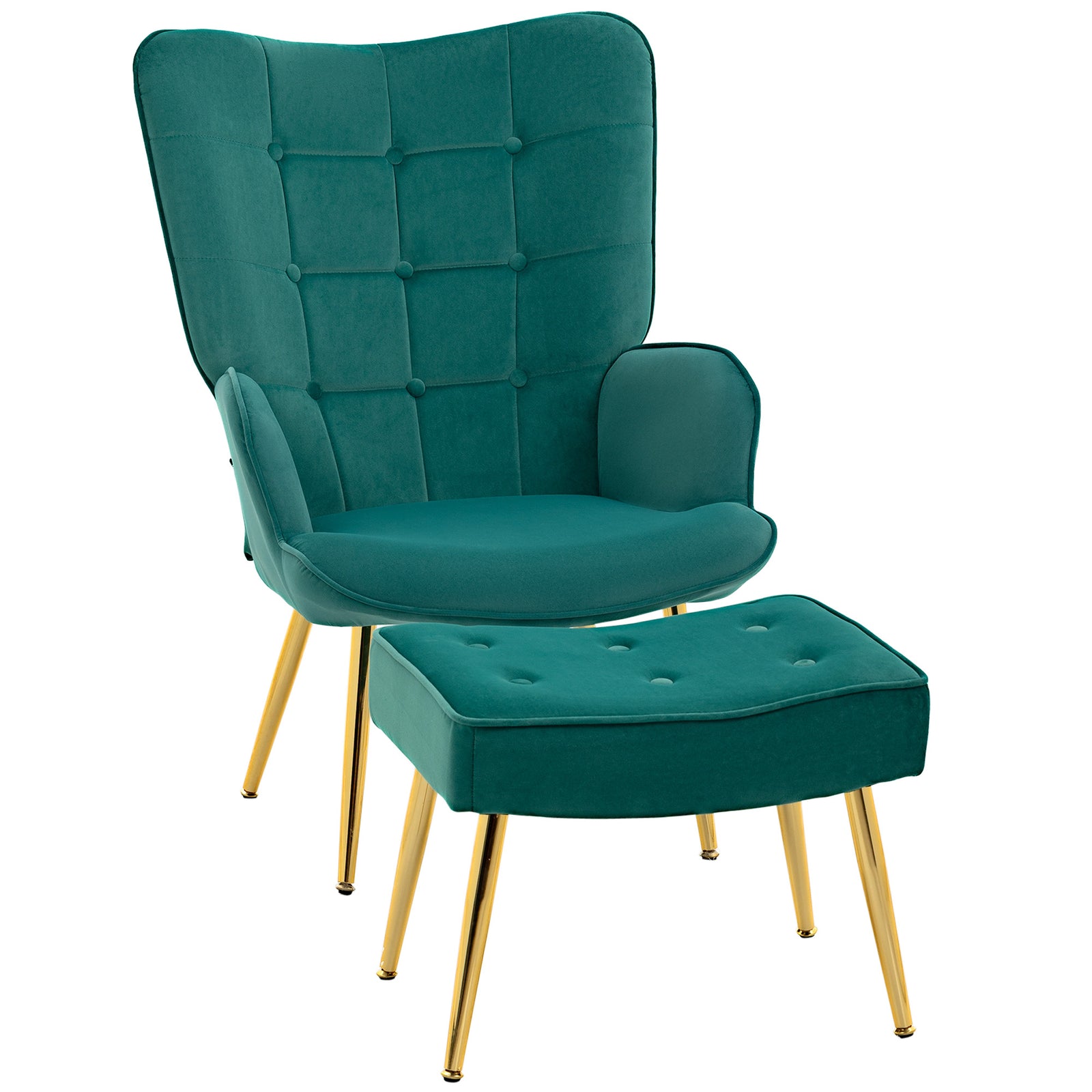 Button Tufted Armchair With Footstool Gold Tone Steel Legs | One Size | Green