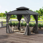 10x10ft Hardtop Aluminium Patio Gazebo With Curtains & Mesh Screens, Double Roof | Medium | Black