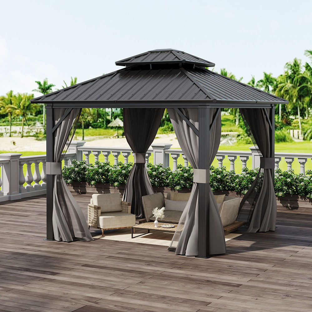 10x10ft Hardtop Aluminium Patio Gazebo With Curtains & Mesh Screens, Double Roof | Medium | Black