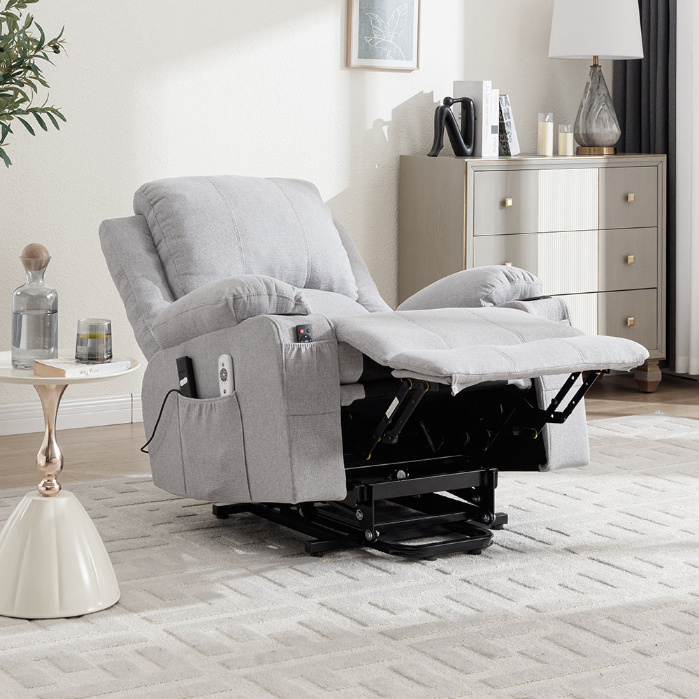 Electric Power Lift Recliner Chair With Heat & Massage, Chenille Fabric Recliner | Light Grey
