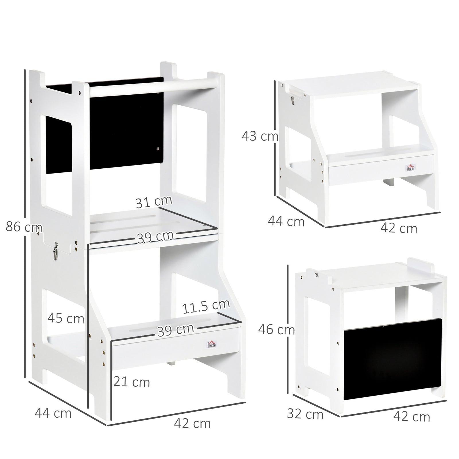 2-in-1 Kids Kitchen Step Stool Table Chair Set W/ Safety Rail Chalkboard, White