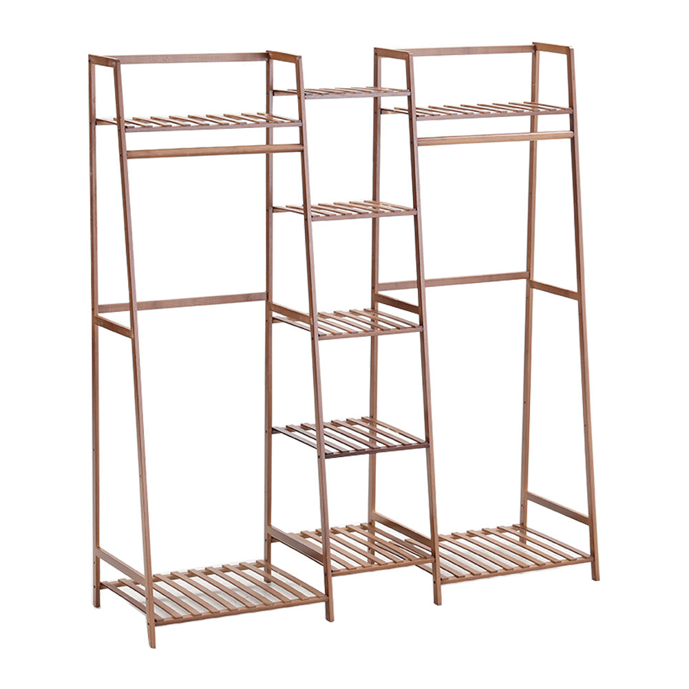 Bamboo Trapezoid Clothing Rack With 5-tier Storage Shelves Multi-functional Clothes Hanging Rack Stand | Brown