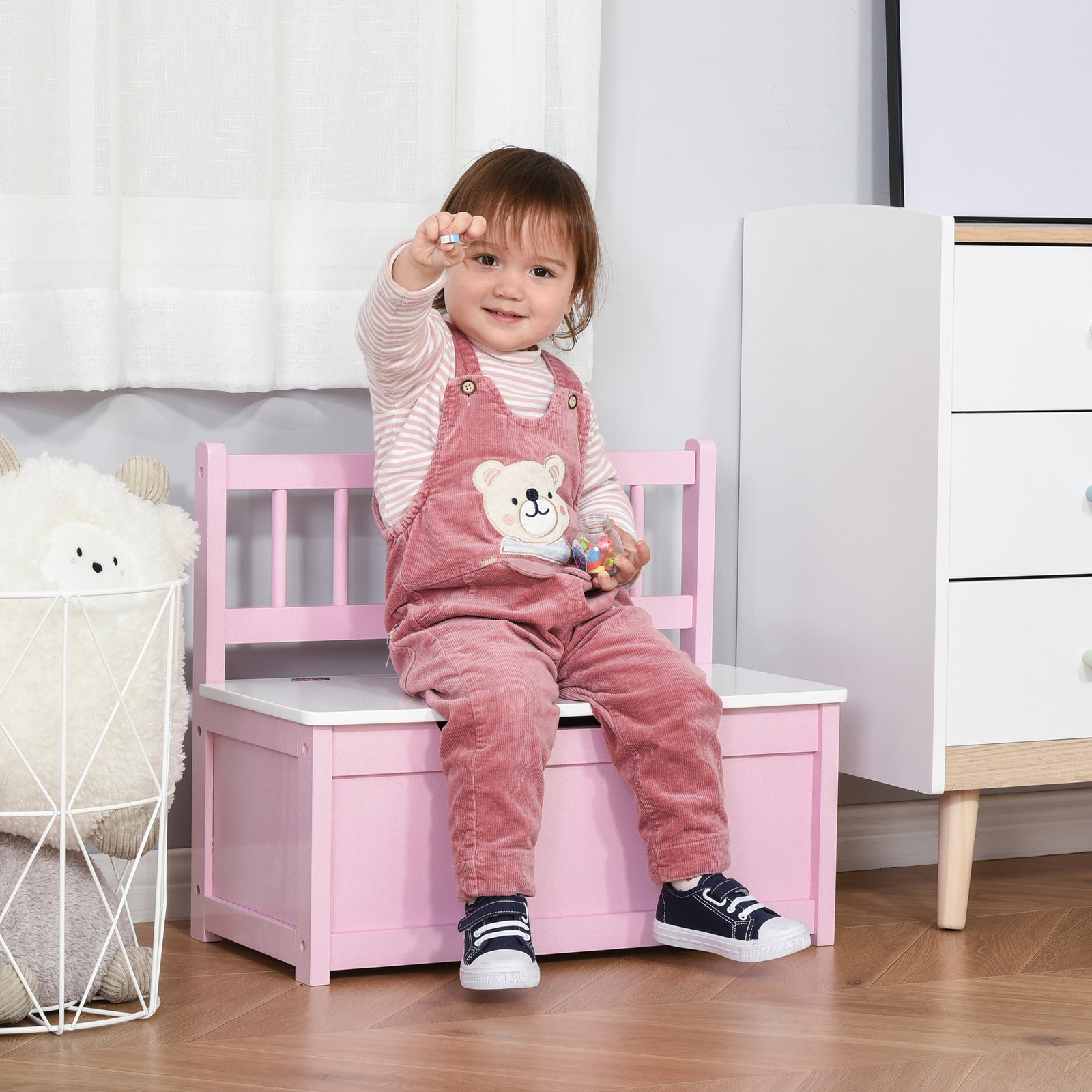2 In 1 Wooden Toy Box, Seat Bench Storage Chest W/ Pneumatic Rod | Pink