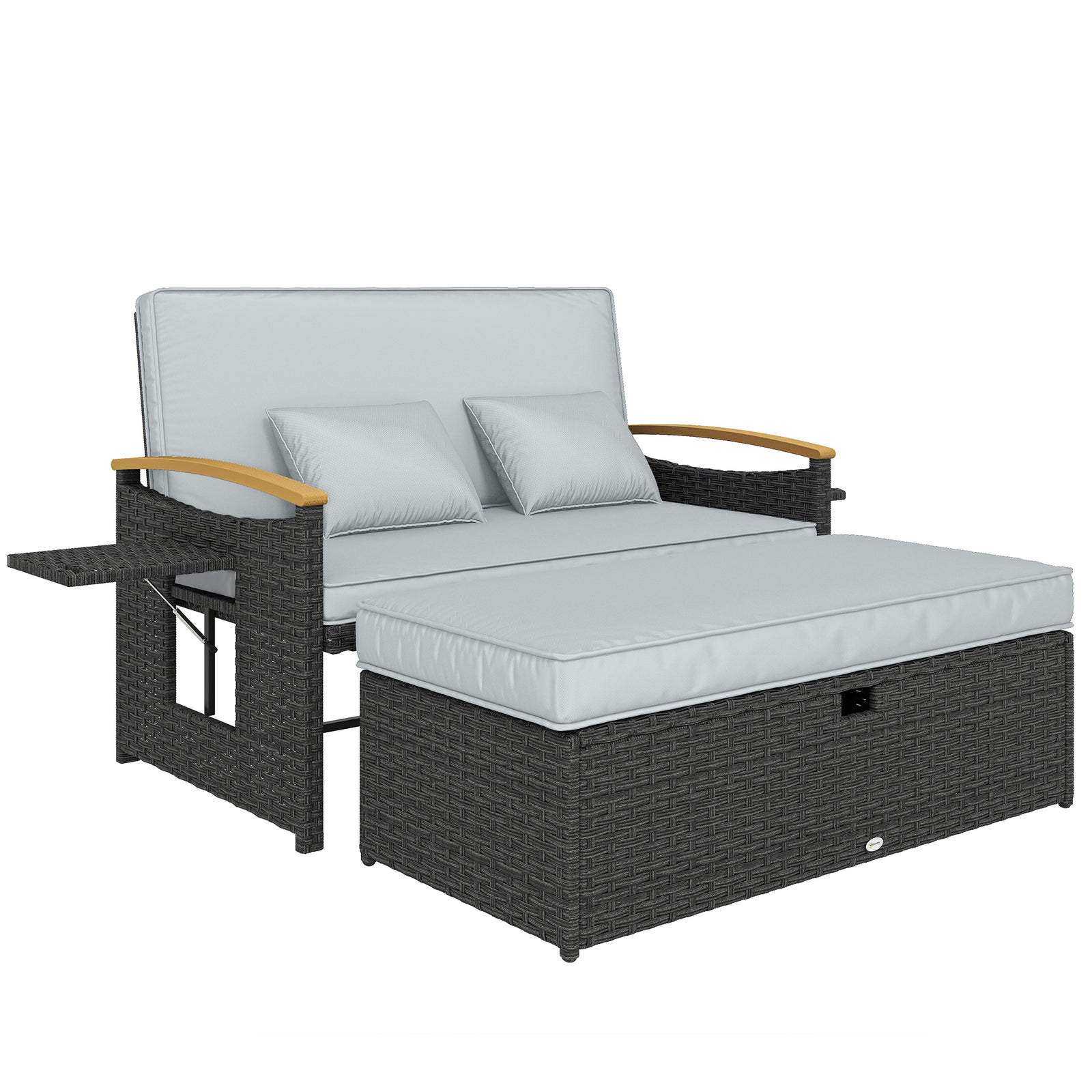 Double Garden Rattan Daybed With Storage Ottoman | Dark Grey
