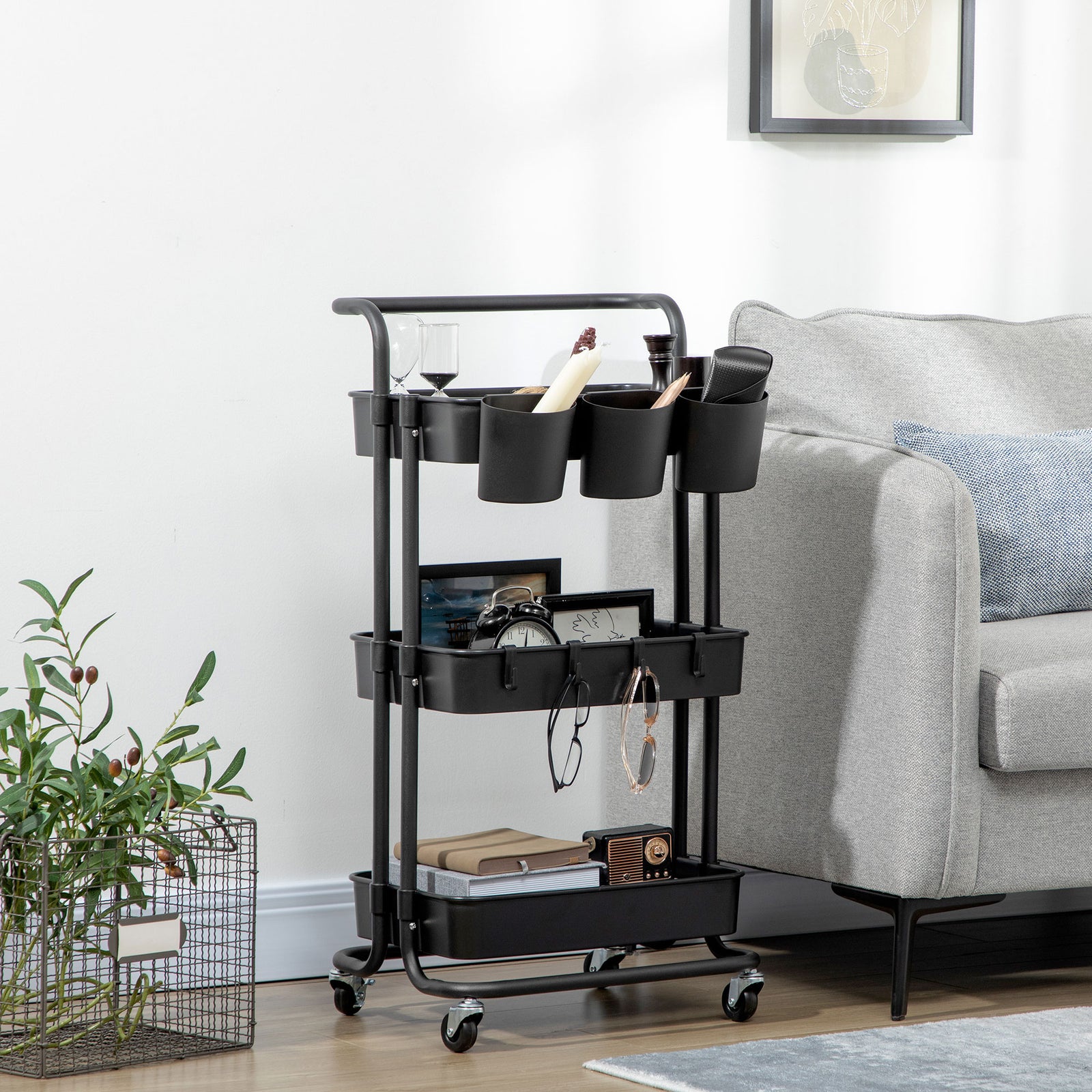 3-tier Utility Cart, Rolling Serving Trolley With Basket | One Size | Black