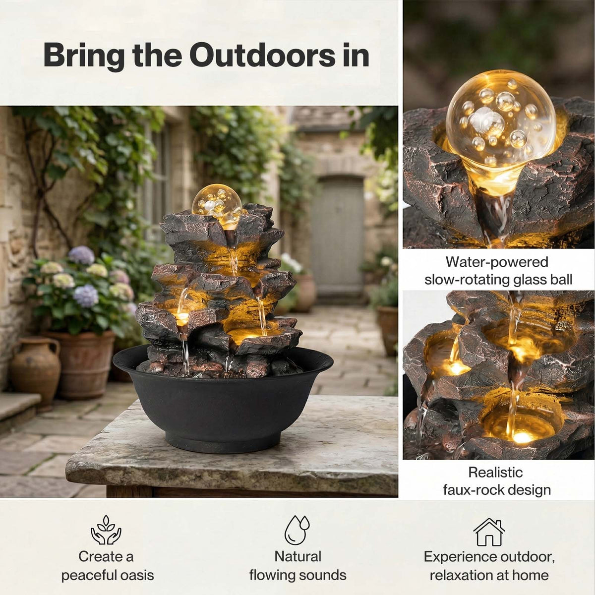 Spector Water Feature Tabletop Fountain With Glass Ball Led Resin Brown