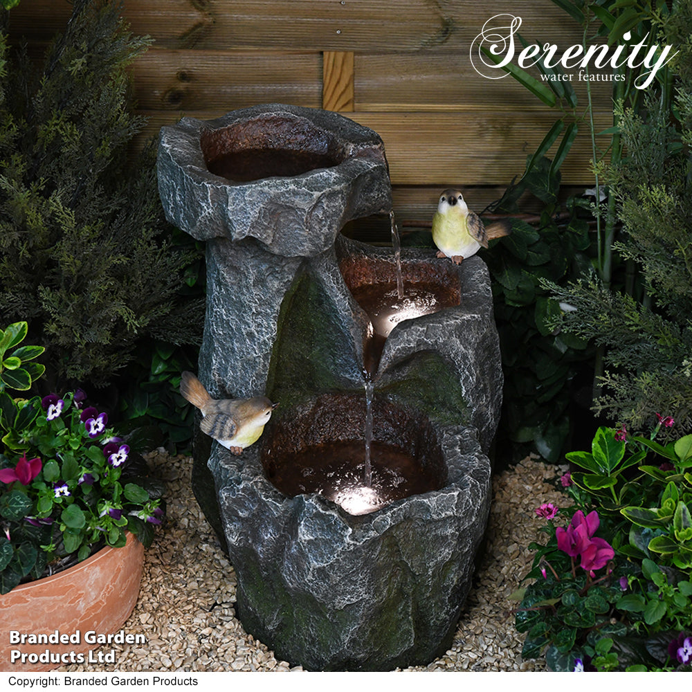 Cascading Rock Water Feature With Two Birds