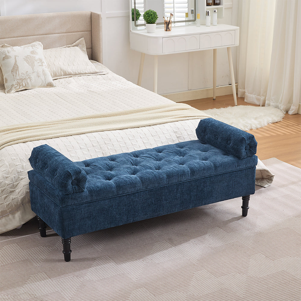 Chenille Fabric Storage Bench – Upholstered Seat With Pillowed Armrests & Hidden Compartment, 126cm W | Blue