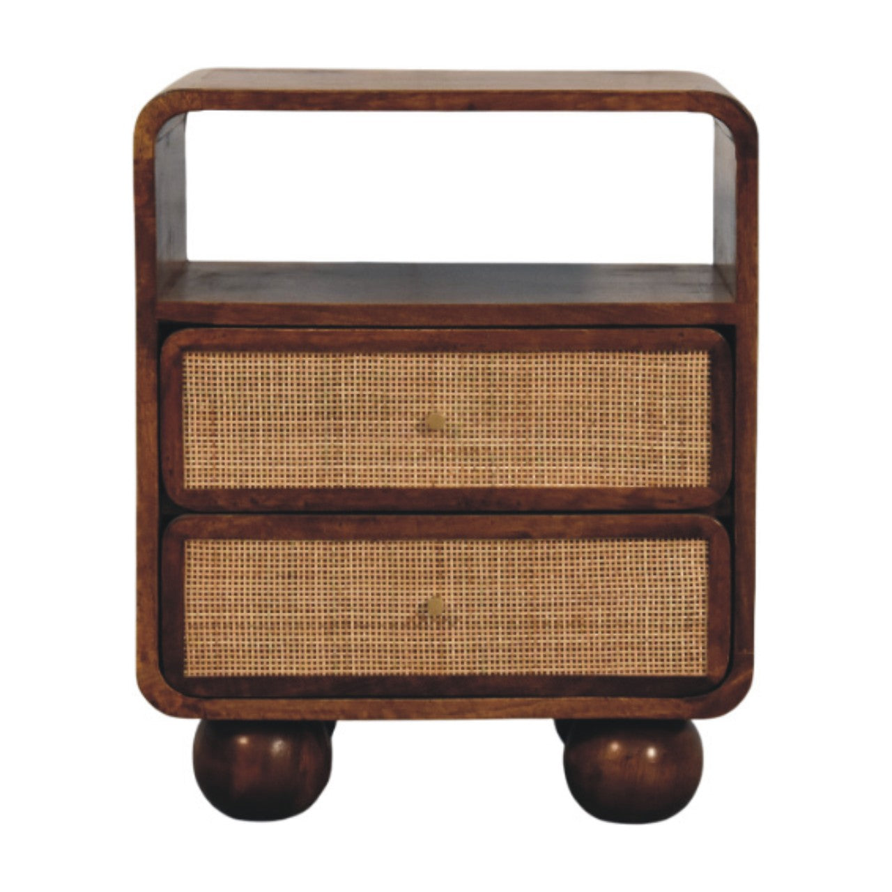 Solid Wood Larissa Chestnut Nightstand, 2 Drawers And Handwoven Rattan Fronts, Dark Brown