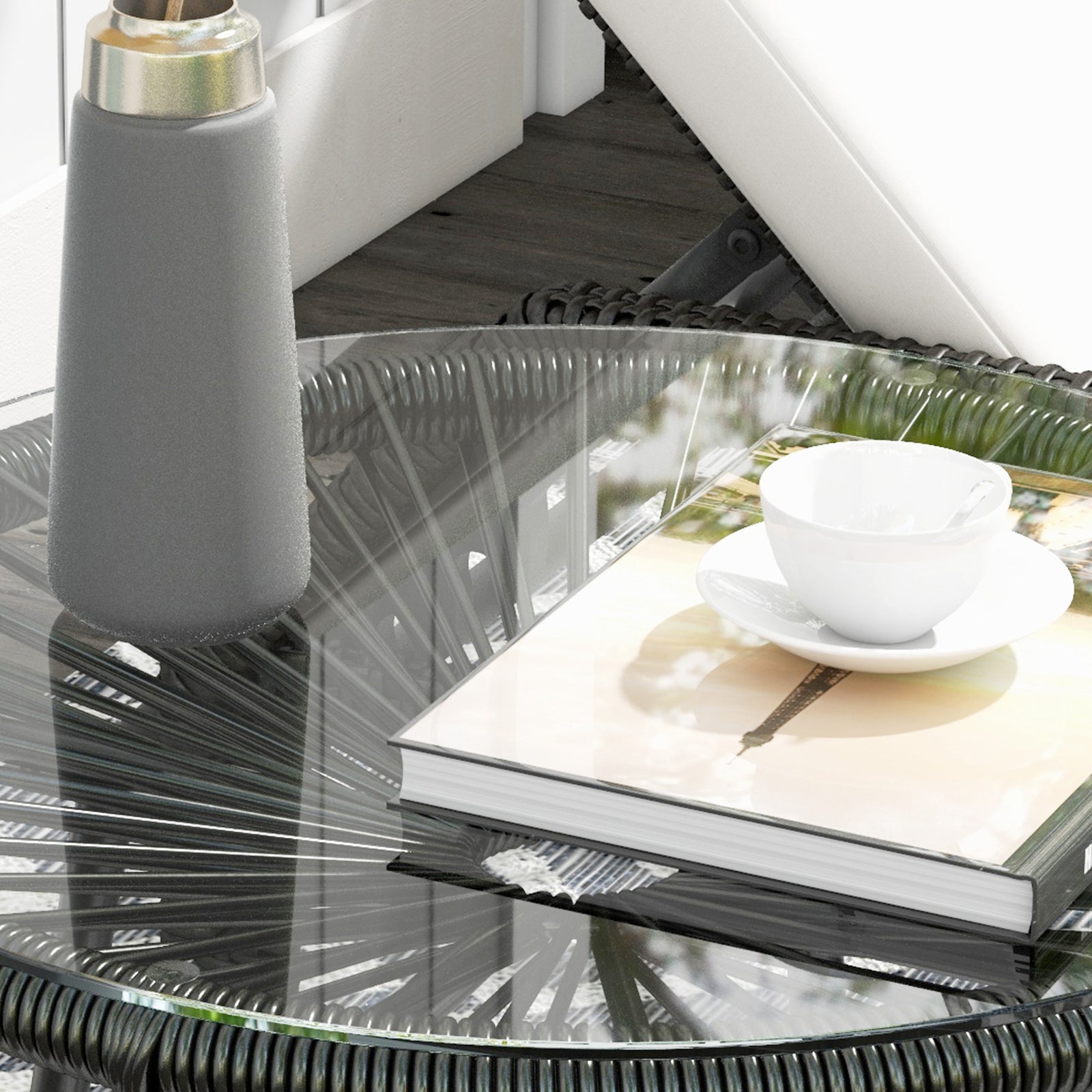 Rattan Side Table W/ Tempered Glass Tabletop