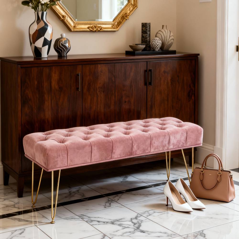 Button Tufted Velvet Upholstered Bench With Gold Hairpin Legs