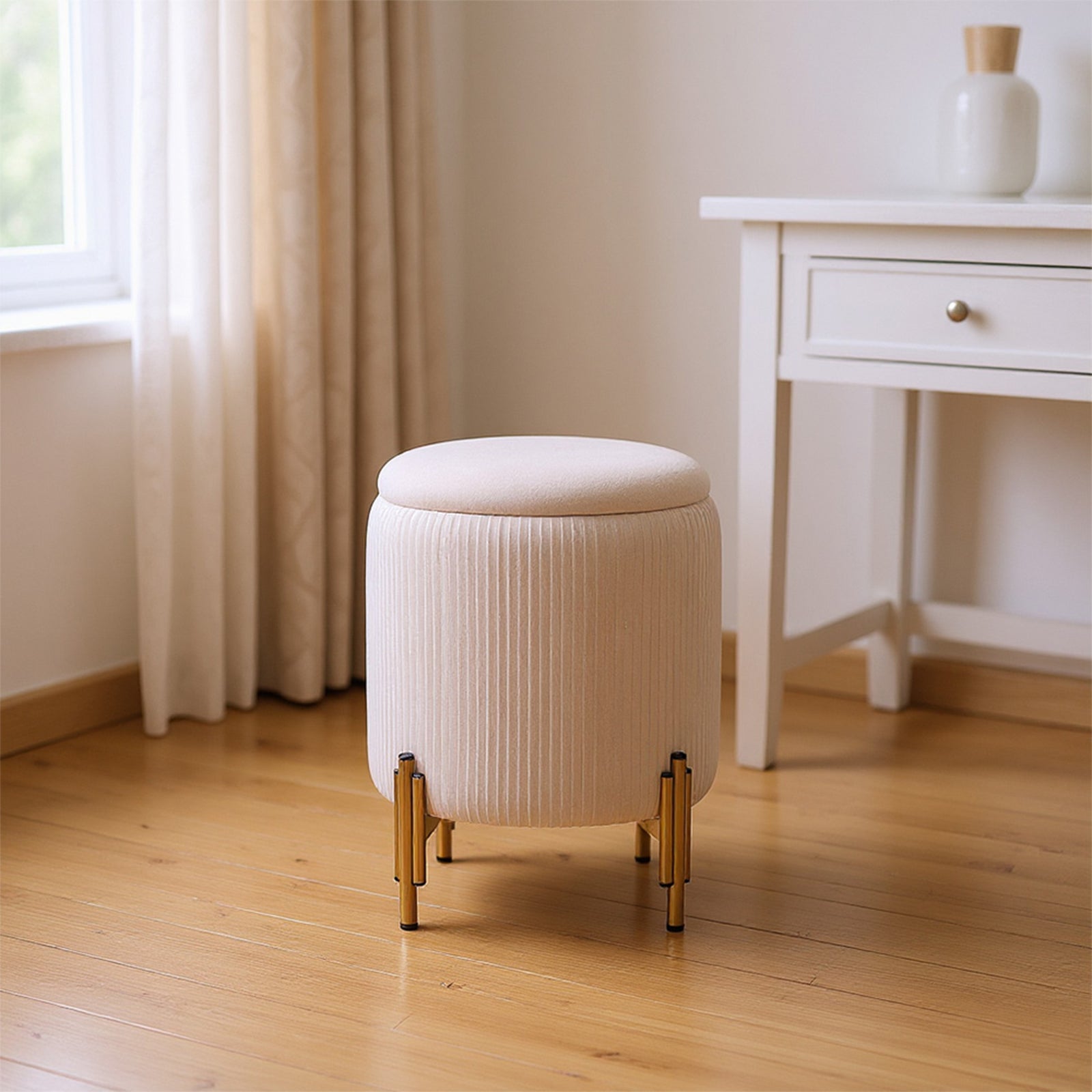 Modern Pleated Storage Ottoman With Metal Base | Beige