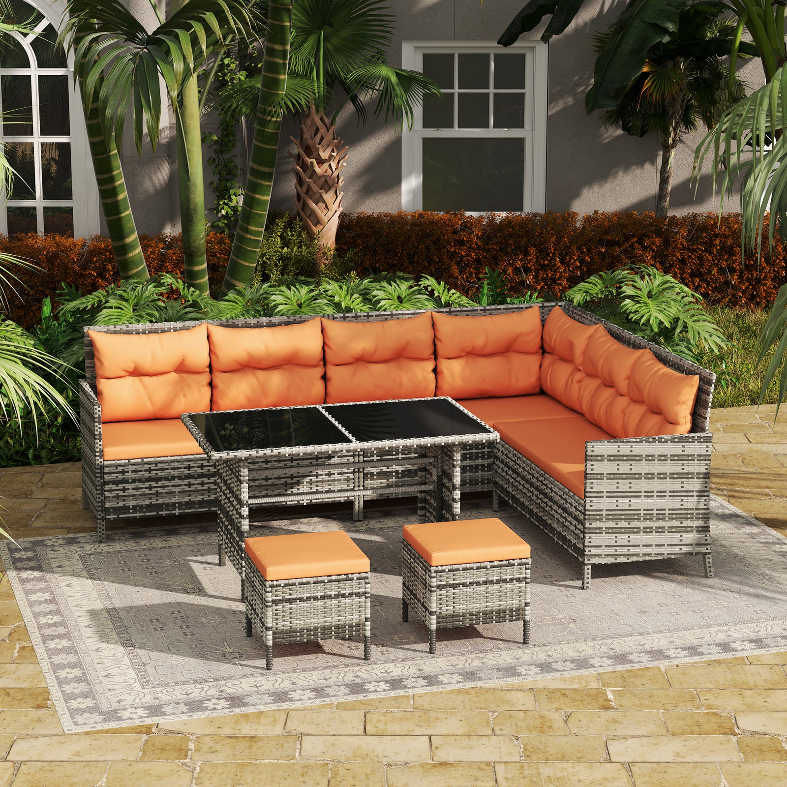 6 Pcs Patio Wicker Sofa Set Rattan Chair Furniture W/ Glass