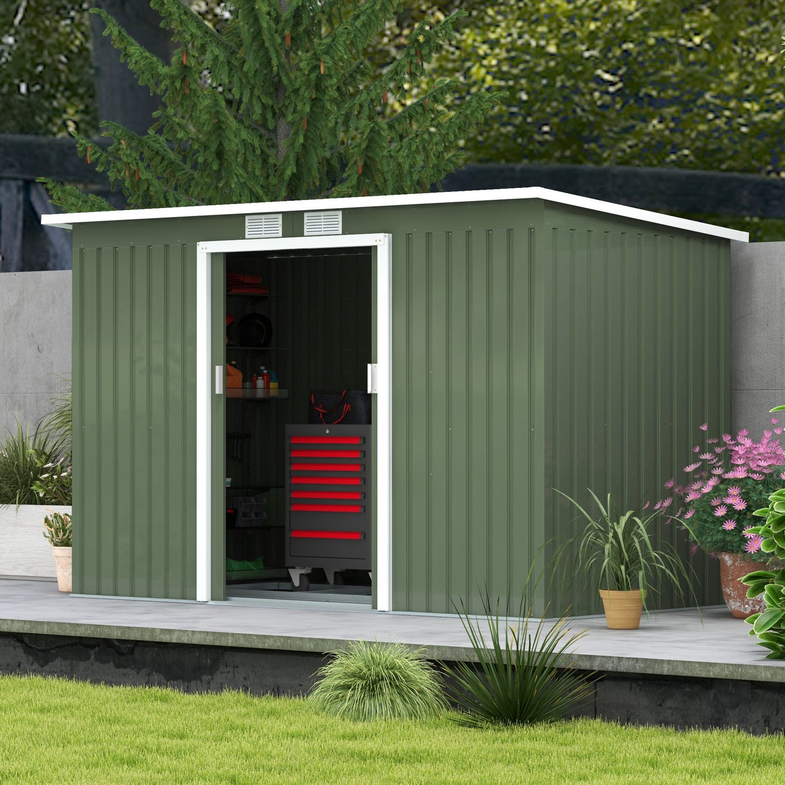 9 X 4ft Outdoor Metal Frame Garden Storage Shed W/ 2 Door | Green