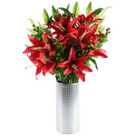 70cm Artificial Red Lily Display Silver Glass Vase