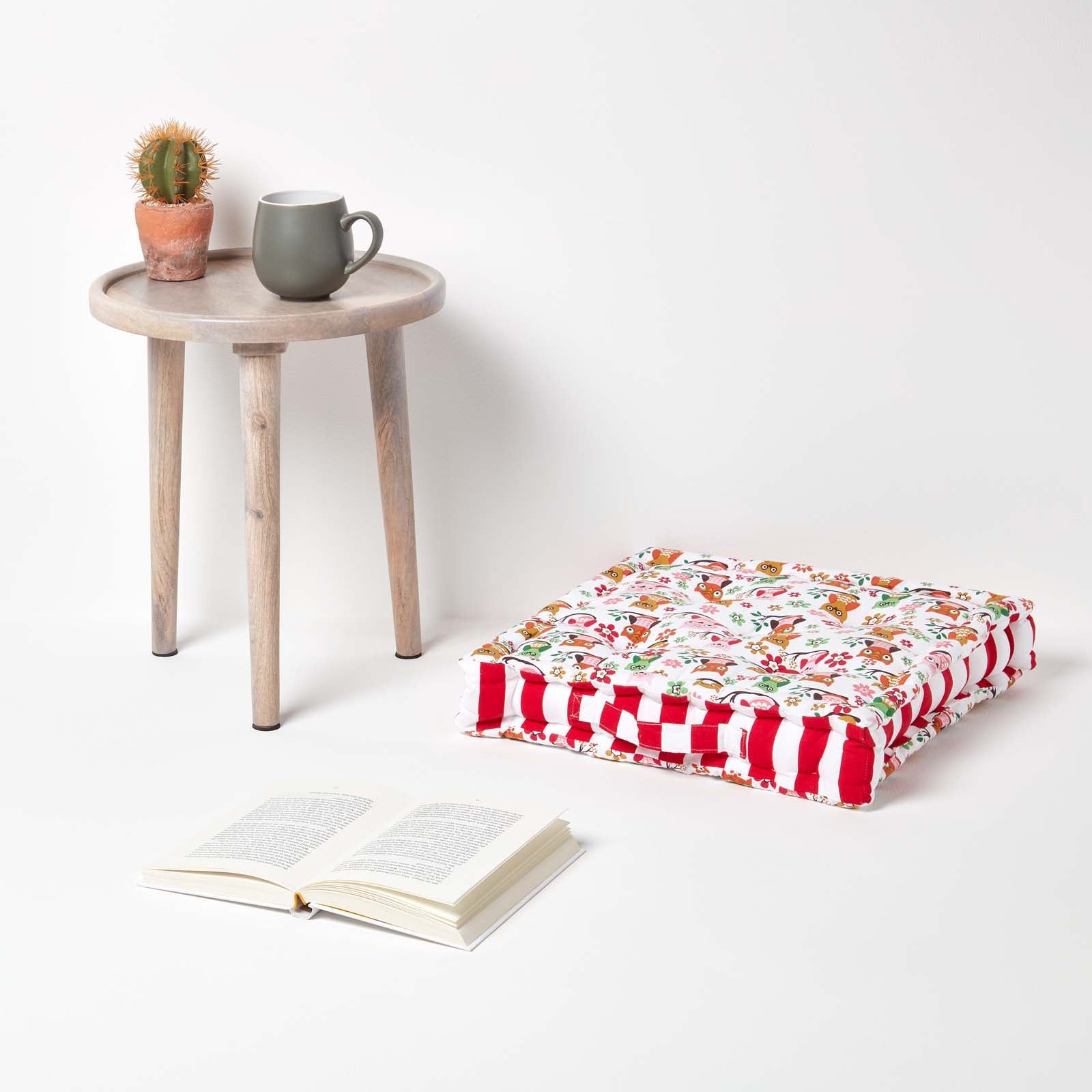 Cotton Owl Print Floor Cushion | 50cm x 50cm | Red