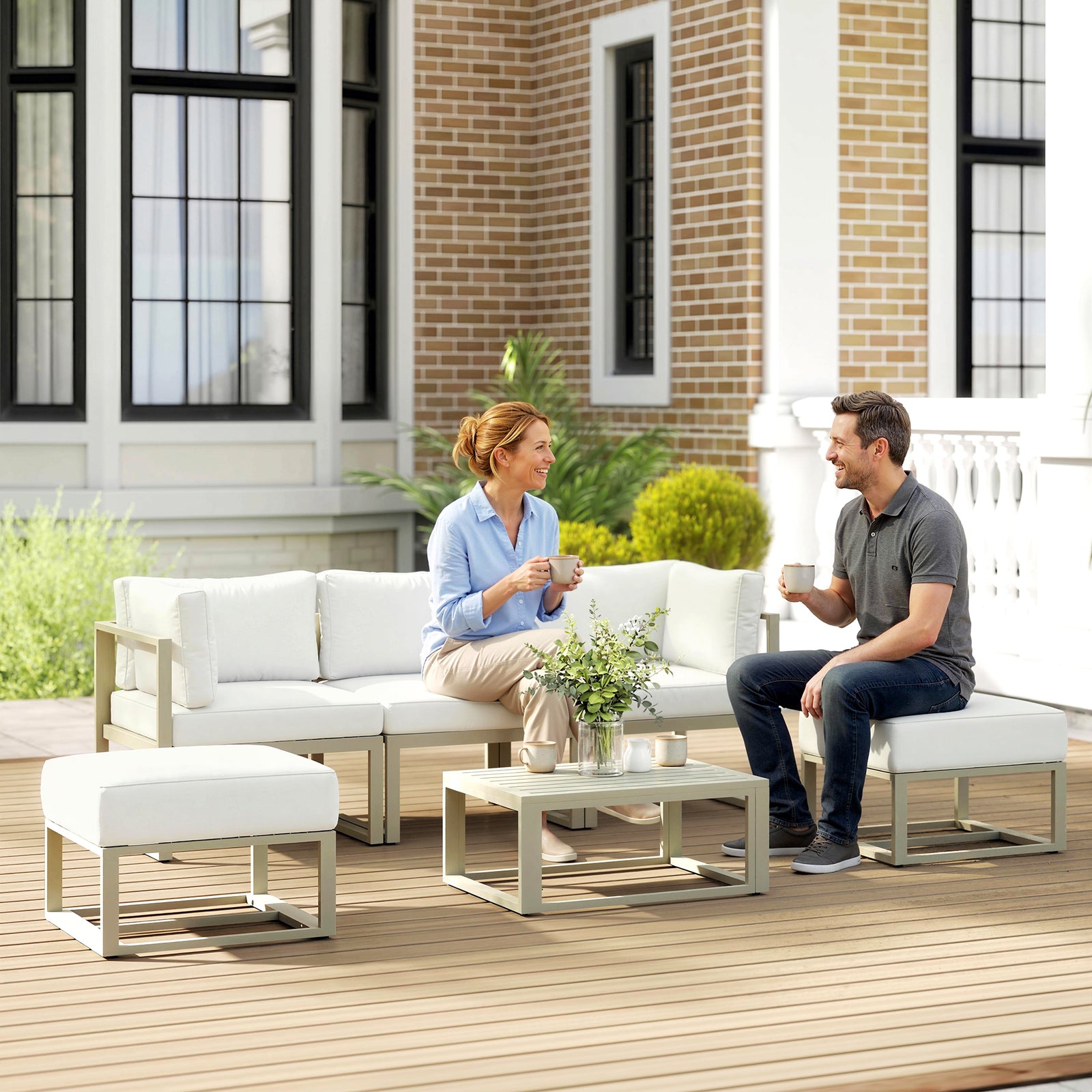 Outsunny 6 Pc Garden Daybed, Sectional Sofa Set With Coffee Table, Footstool