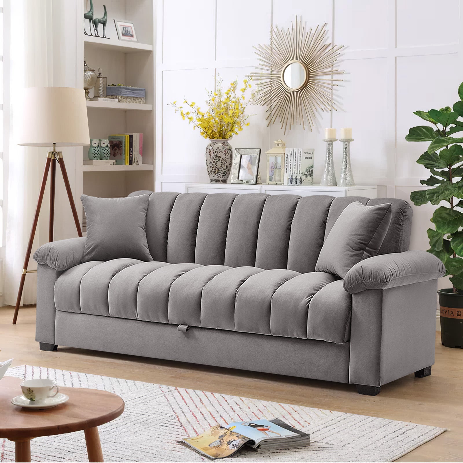 Grey Fabric Sofa Bed With Pillows – Convertible Sleeper Sofa, Super Comfortable Upholstered & Wood Frame