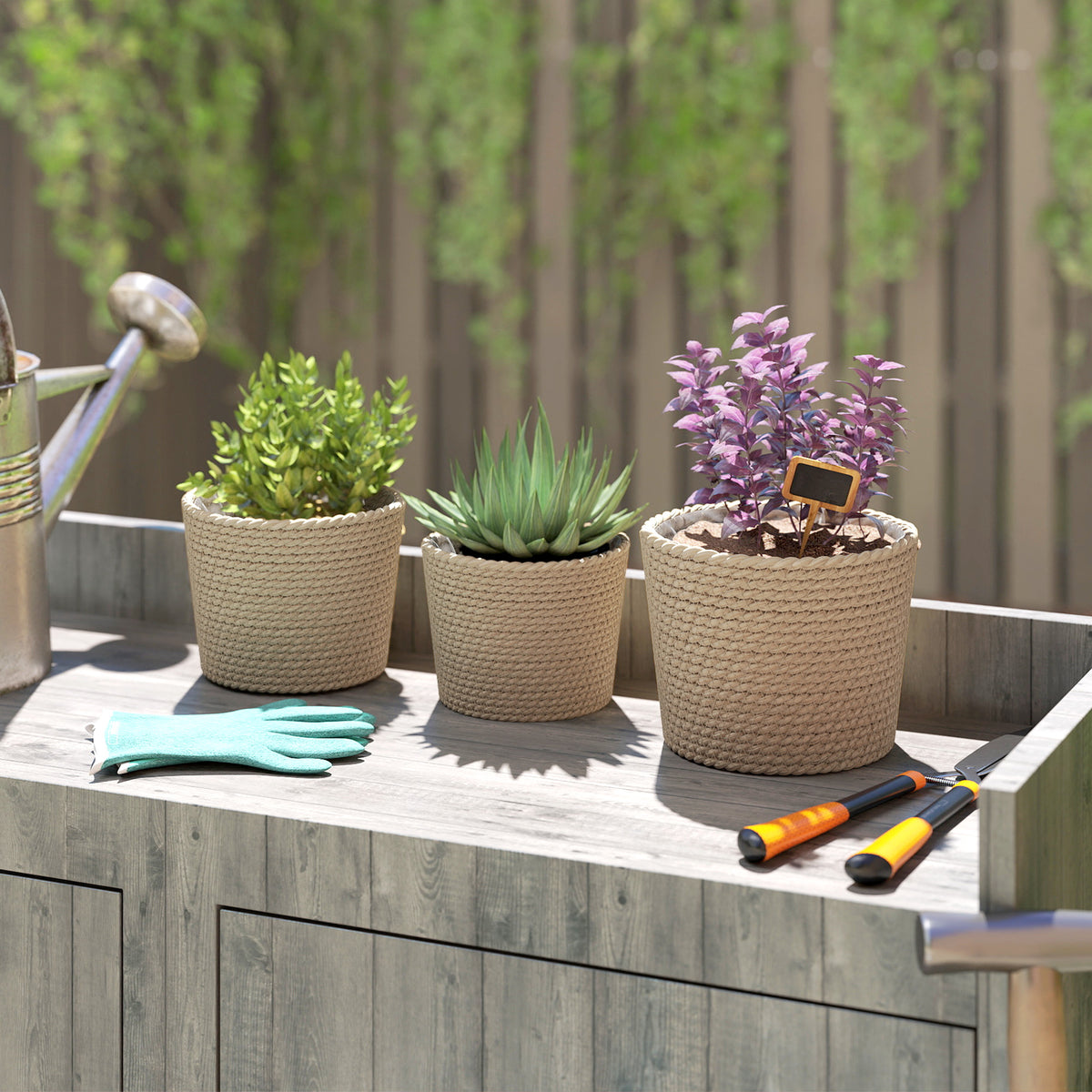 Outsunny Seagrass Plant Pots Flower Planters Bohemian Style Set Of 3 Natural