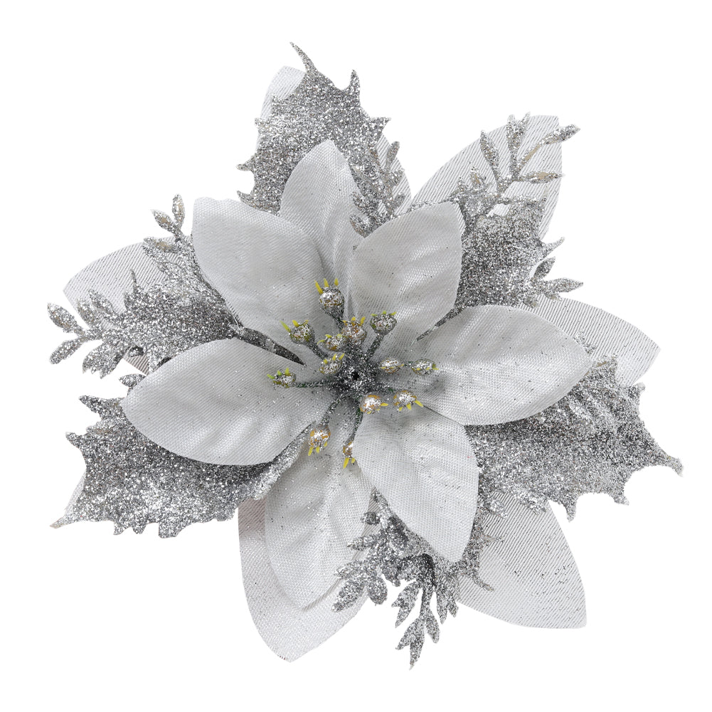 24 Pieces Artificial Christmas Tree Flowers Xmas Festive Poinsettia Flowers Ornament Set | Silver