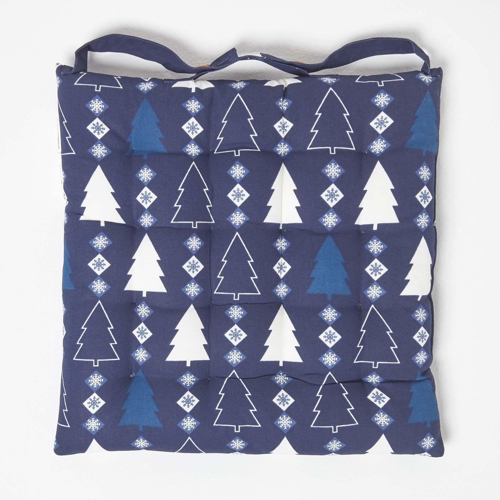 Christmas Seat Pad With Straps 100% Cotton 40 x 40cm | 40cm x 40cm | Blue