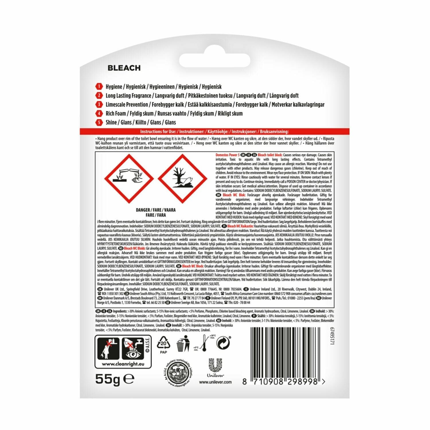 Power 5 Chlorine Toilet Rim Block With Long Lasting Fragrance 55g, 6pk