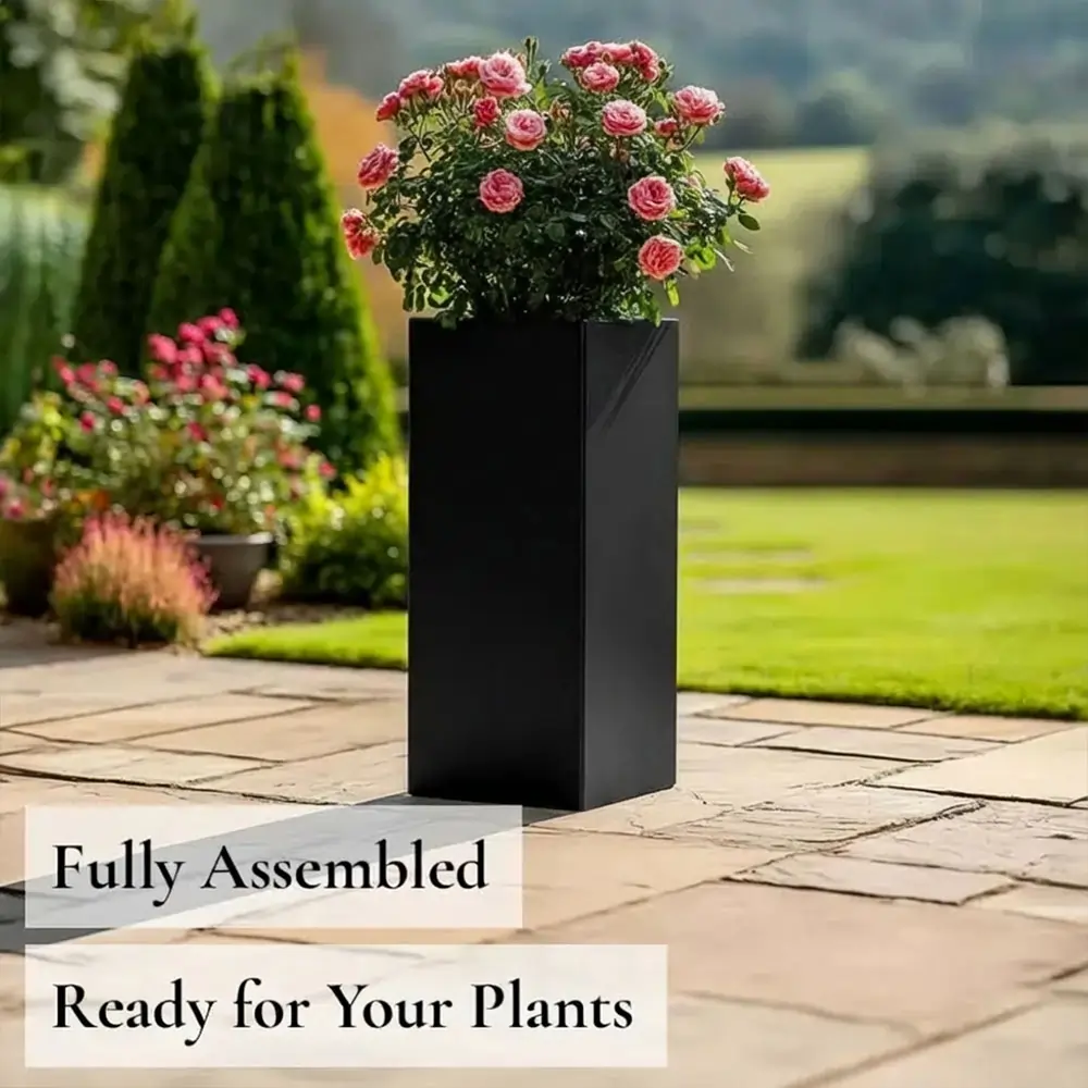 Zinc Galvanised Tall Square Planter | 40cm x 40cm x 100cm | Matte Black