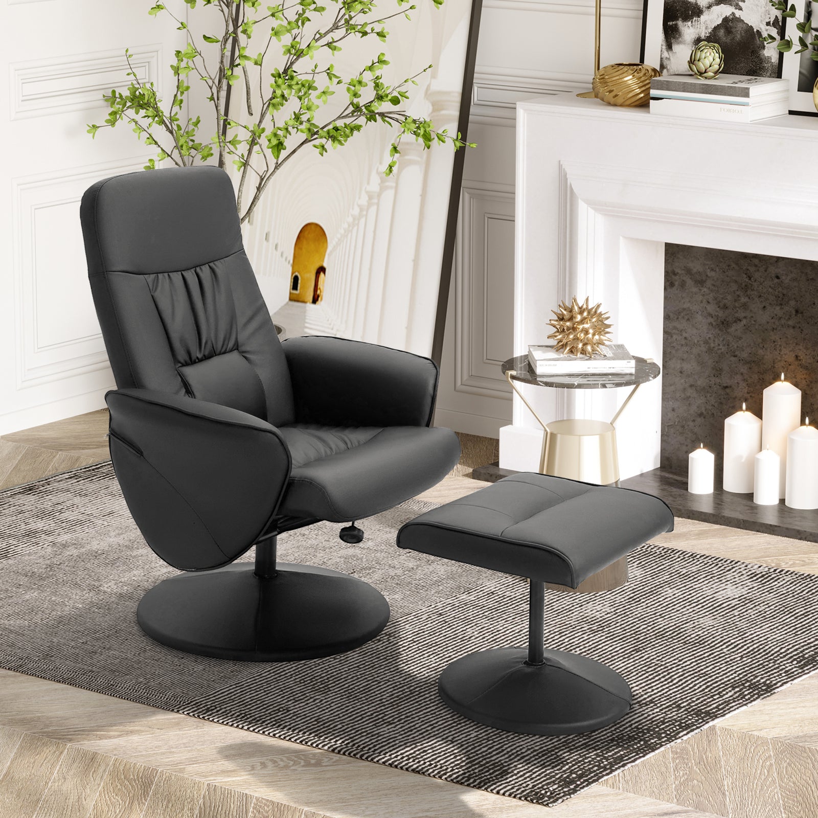 Pu Leather Armchair And Footrest Swivel Recliner W/ Ottoman | One Size | Black