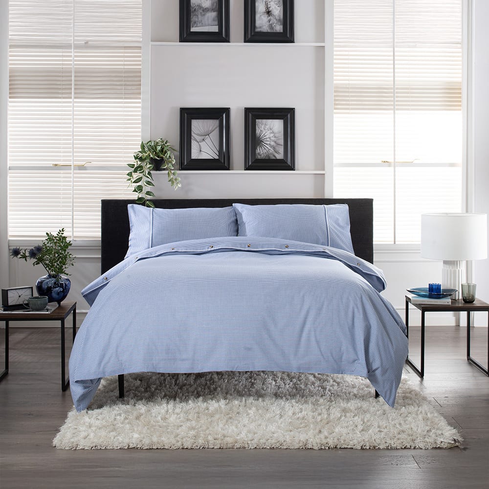 Gingham Cotton Duvet Cover Set – Soft, Breathable Fabric With Double-piped Edging | King | Blue