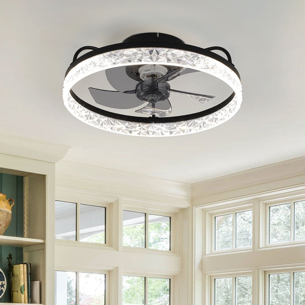 Modern Gold/black Crystal Ceiling Fan Light 48cm 30w Led With 3-color Dimming, 6-speed, 2.4g App Control, Reversible Rotation & Sleep Timer | Black