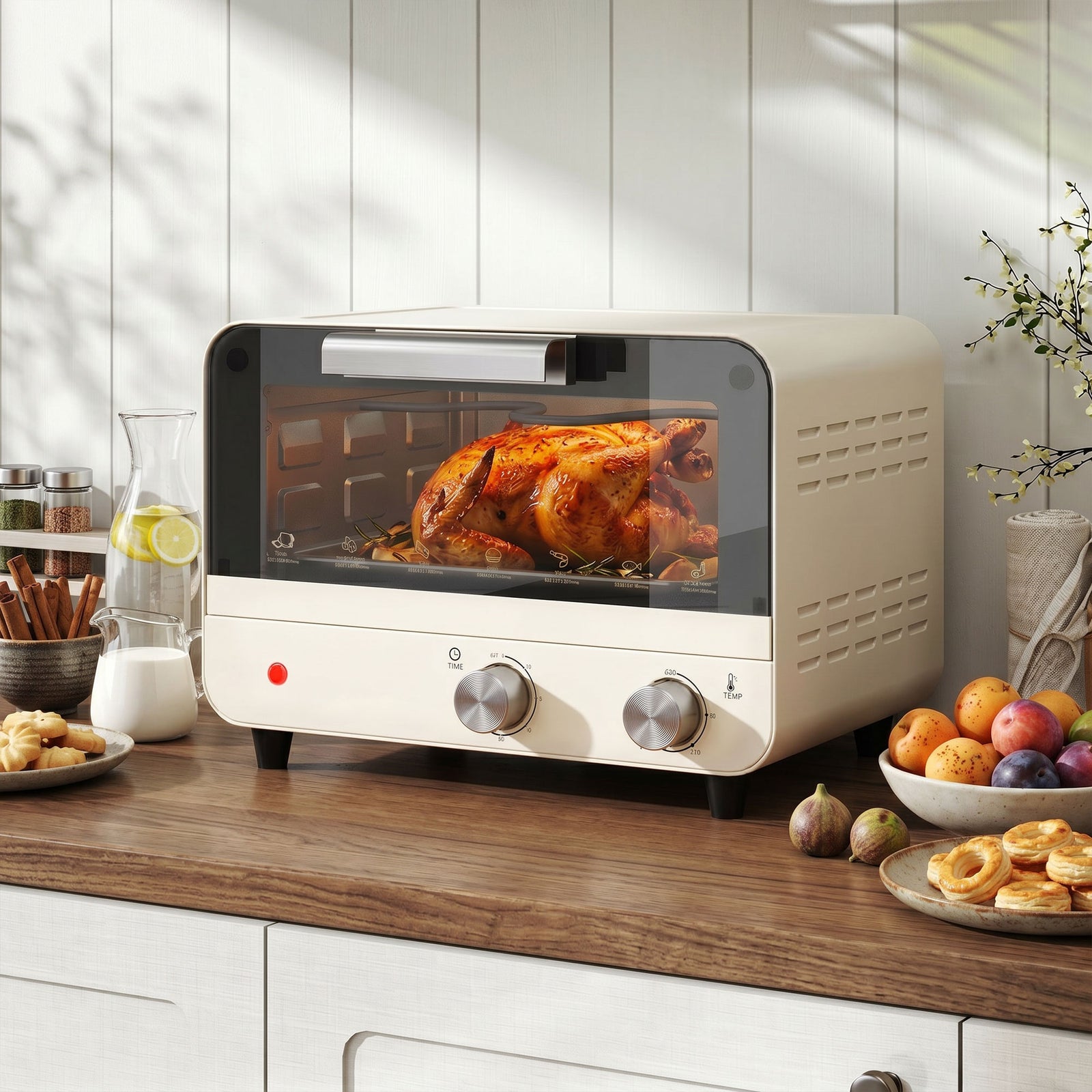 Mini Countertop Oven With Glass Door And Timer | Cream White