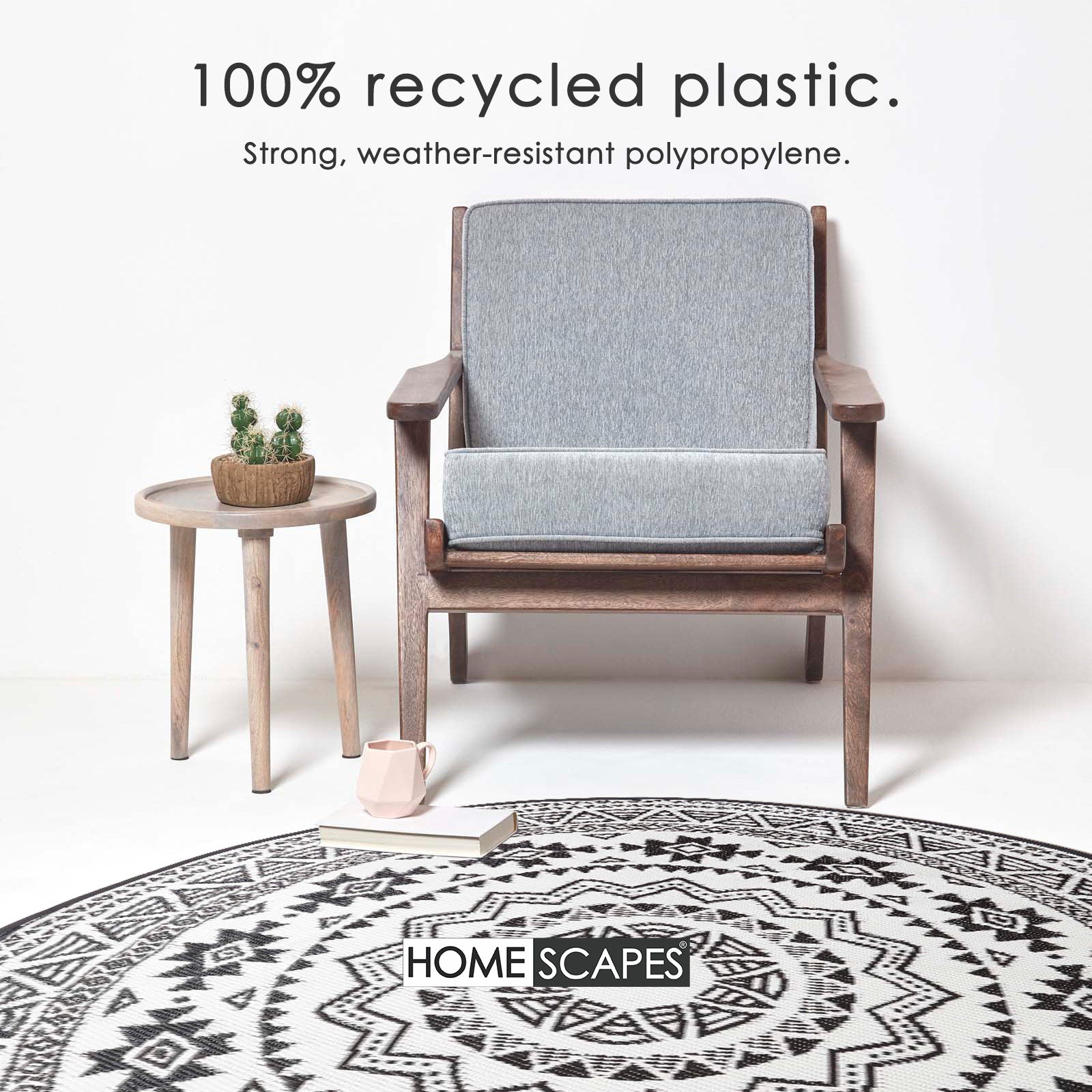 Luxury Outdoor Rug Waterproof Reversible Round For Garden Patio, Monochrome Motif
