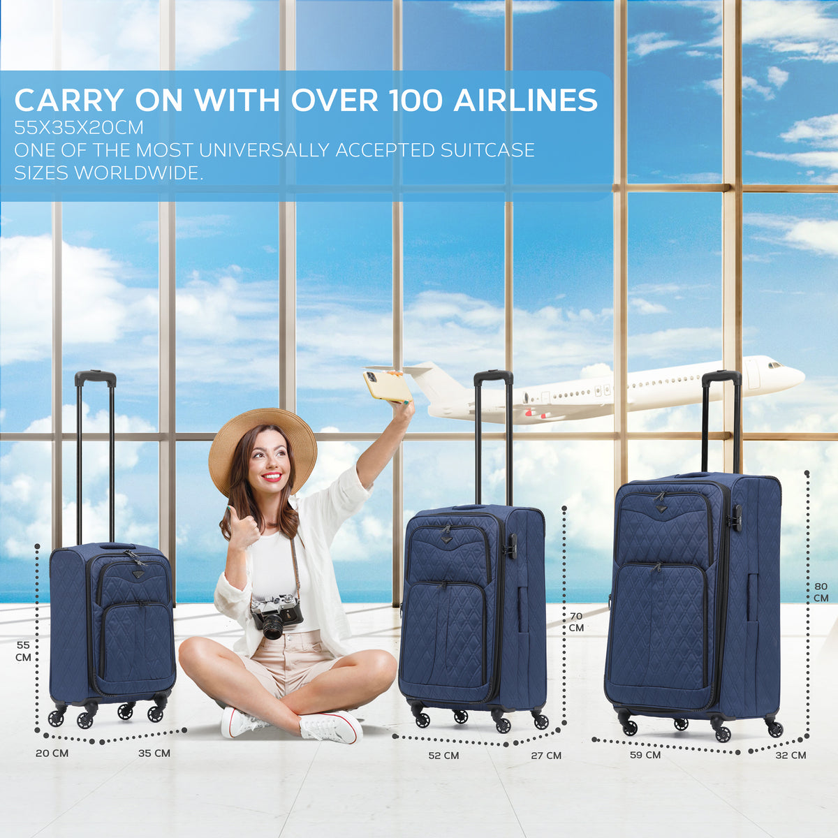 Lightweight 4 Wheel 800d Soft Case Quilted Suitcases Set Of 3 Anti Crack - Cabin & Hold Luggage 100+ Airlines Approved | Set of 3 | Navy Blue