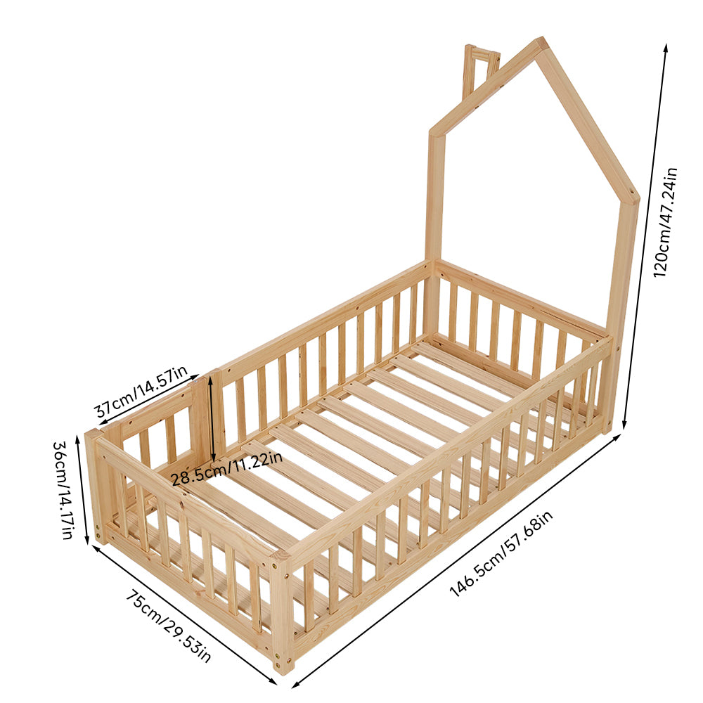 Natural Pine Wood House-140cm X 70cm Shaped Children’s Bed Frame With Guardrails
