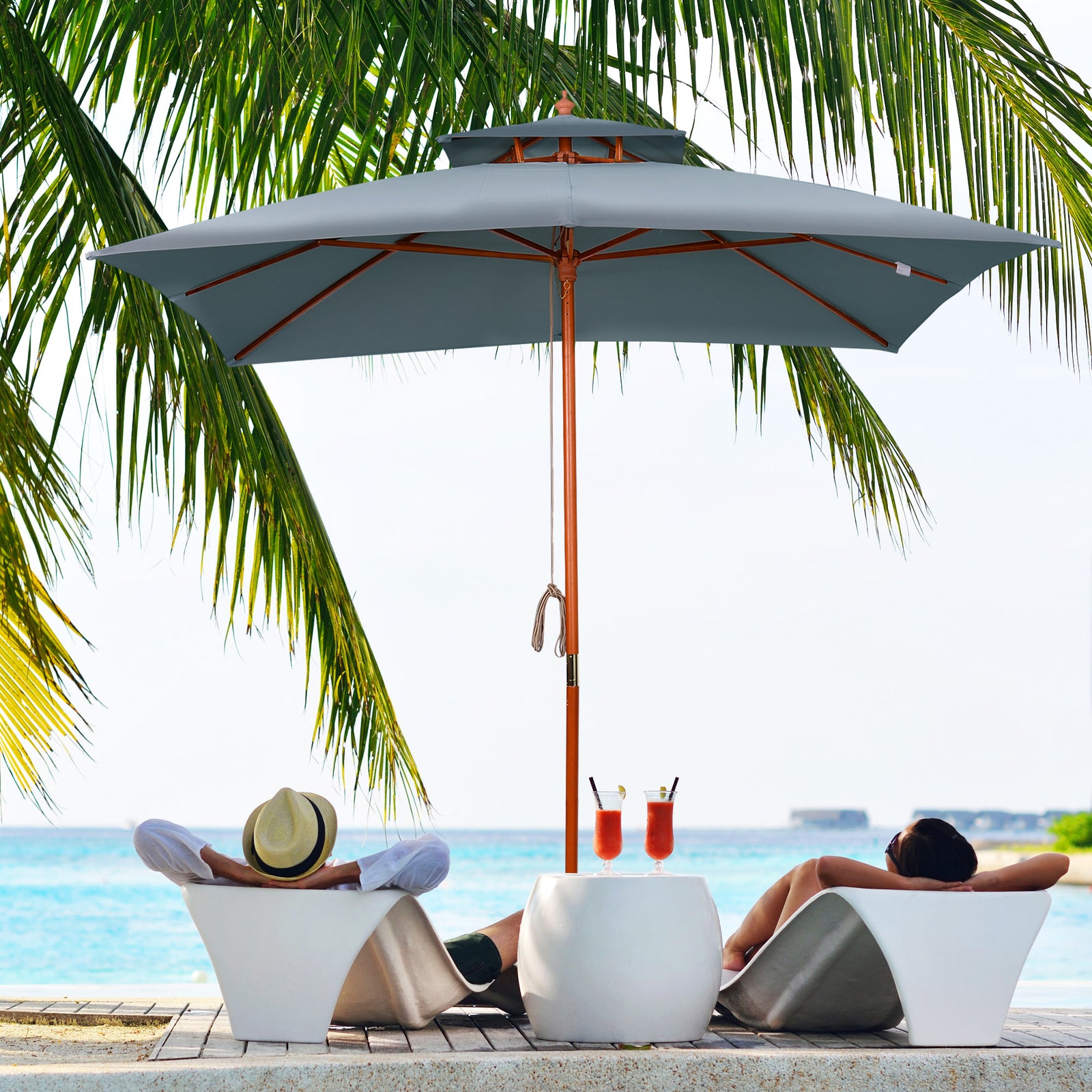 3x3m Folding Bamboo Parasol With 2 Pulley | Dark Gray