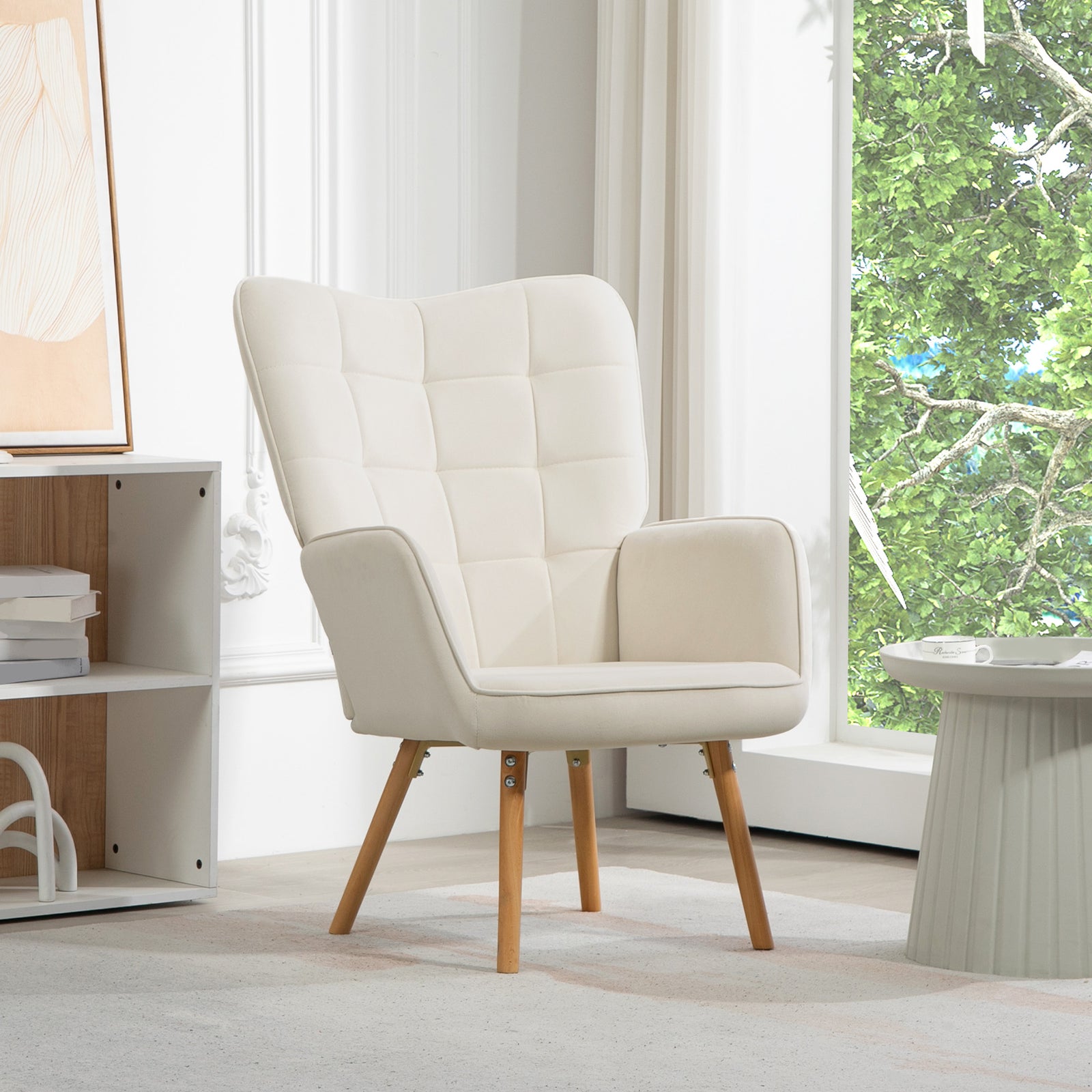 Accent Chair Velvet-touch Tufted Wingback Armchair | One Size | Cream