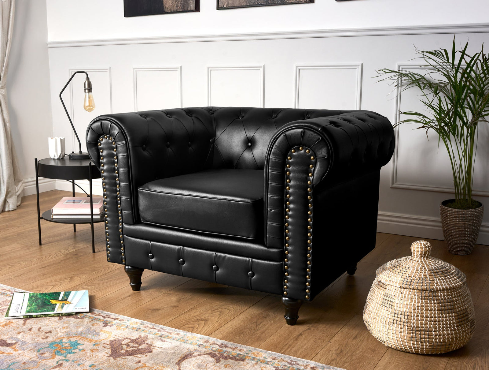 Button Tufted Faux Leather Living Room Armchair | Black